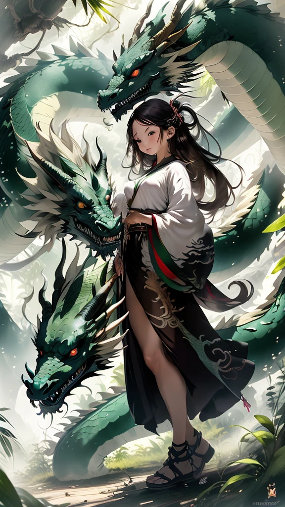 masterpiece,(best quality:1.3),ultra high res,raw photo,beautiful lighting,
1girl ,full body,Rainbow Dragon Dragon, solo, clouds,sunlight,bamboo forest,