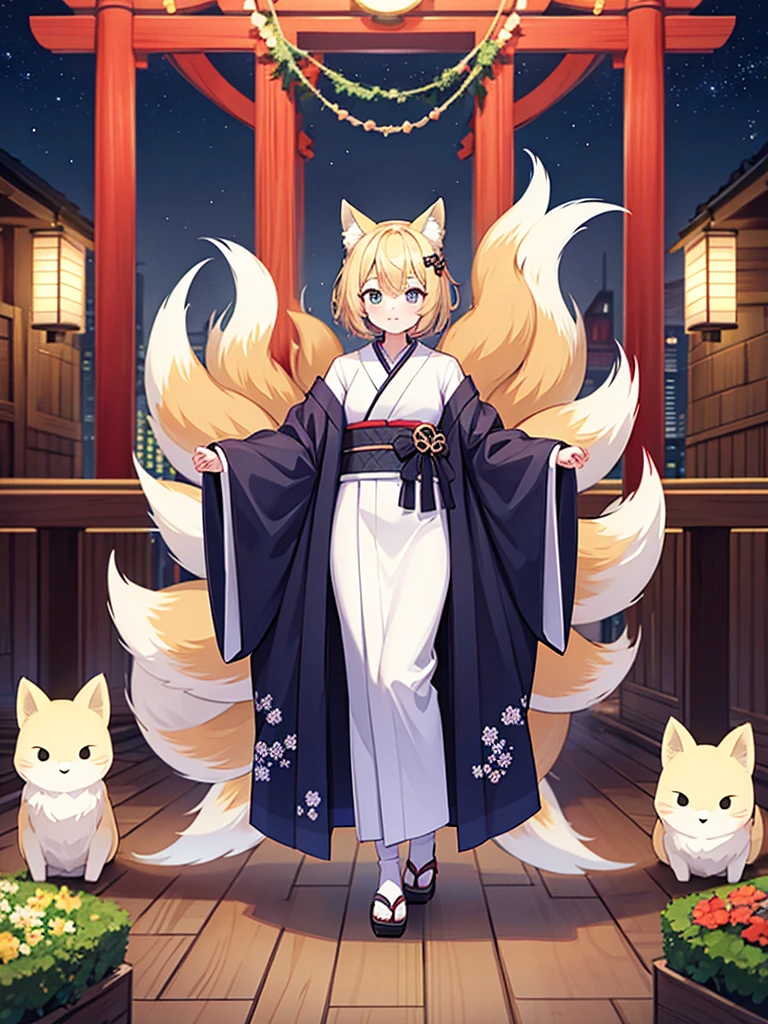 Full-body portrait、Are standing、、Short Hair、Blonde、kimono、Fox Ears、Fox's Tail
