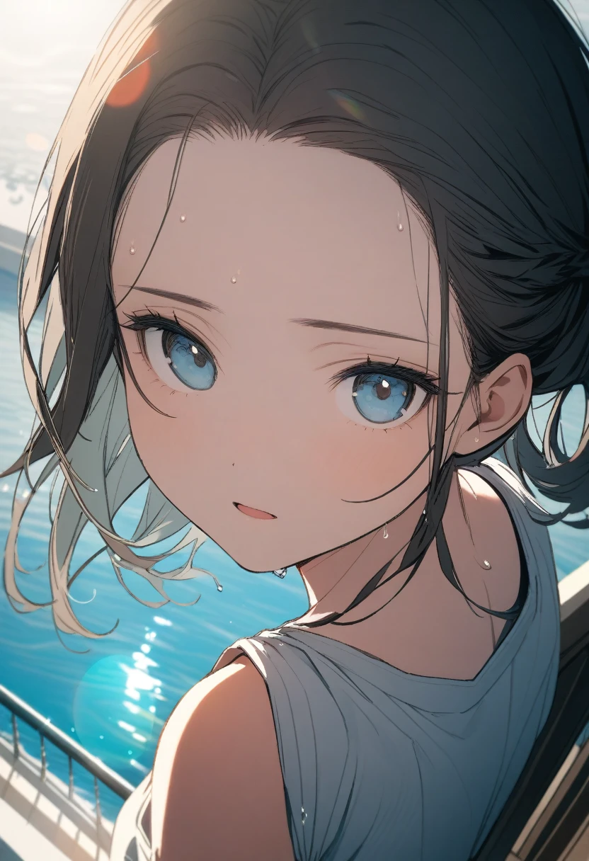 One 17-year-old girl,Summer Korean Fashion、 (Inner color hairstyle), Beautiful Hair, Facial Contour, Remember, ,Hotel, splash, Lens flare, noon, bright, Natural Color, High resolution, Very delicate, Very detailed, 8k,((((Sexual)))),Shyness、Angle of view is upper body、Angle from above