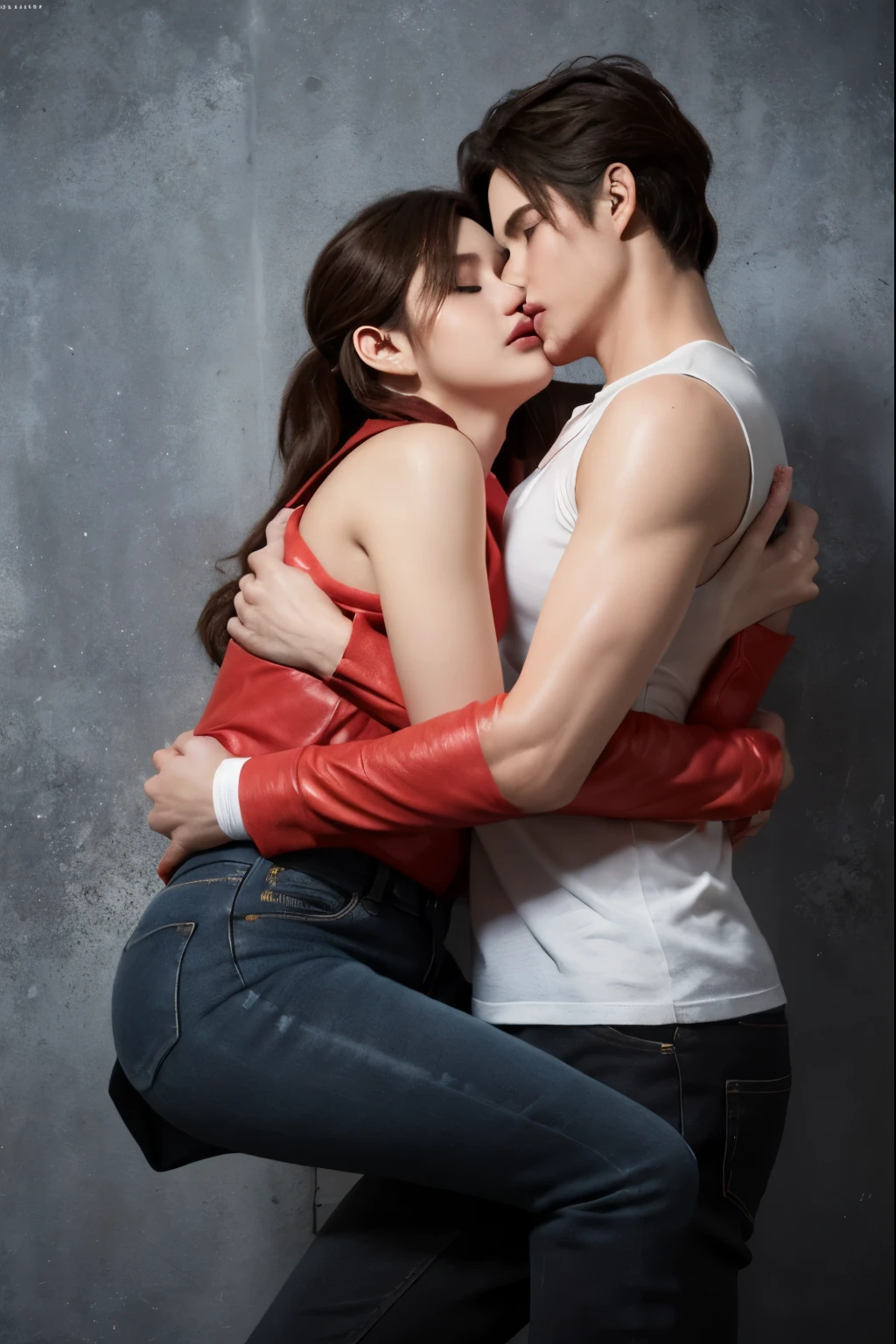 (masterpiece quality), 1girl and 1man Leon, kiss and hug, claireredfield2, wear jeans, side view