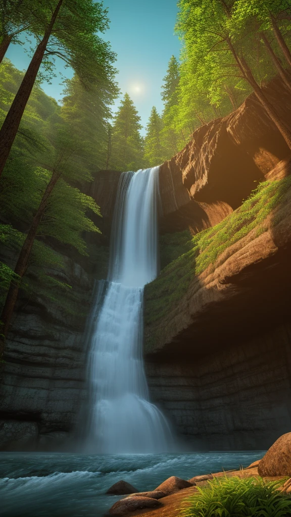 A landscape, forest, towering trees, next to a waterfall, tall waterfall, dreamy, realism, masterpiece, dreamy lighting, 8x quality, 8k resolution, 8x upscale