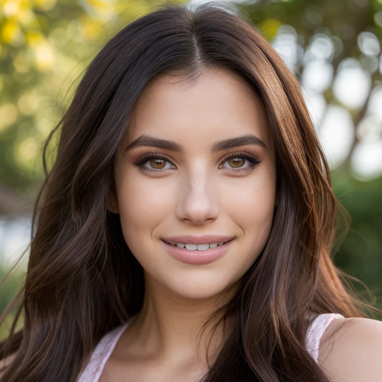 A photorealistic portrait of a 21-year-old colombian girl with long, flowing dark hair and striking dark eyes. She should have a natural, approachable expression and be illuminated by soft, golden-hour sunlight. The background should be a scenic outdoor setting, perhaps a sunlit park or beach. Capture this image with a high-resolution photograph using an 85mm lens for a flattering perspective.