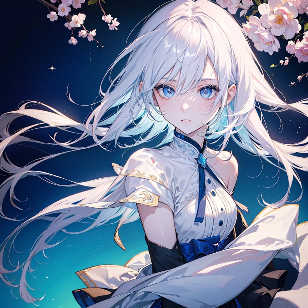 Design an anime girl with striking white hair that flows gracefully around her shoulders. She should be wearing a stylish and elegant outfit that contrasts beautifully with her hair, using soft, complementary colors. Her eyes should be expressive and captivating, reflecting a sense of charm and intrigue. The background can feature a dreamy and ethereal scene with subtle floral patterns or a soft gradient. Add delicate details like soft lighting or small sparkles to enhance the overall enchanting and visually appealing profile picture.