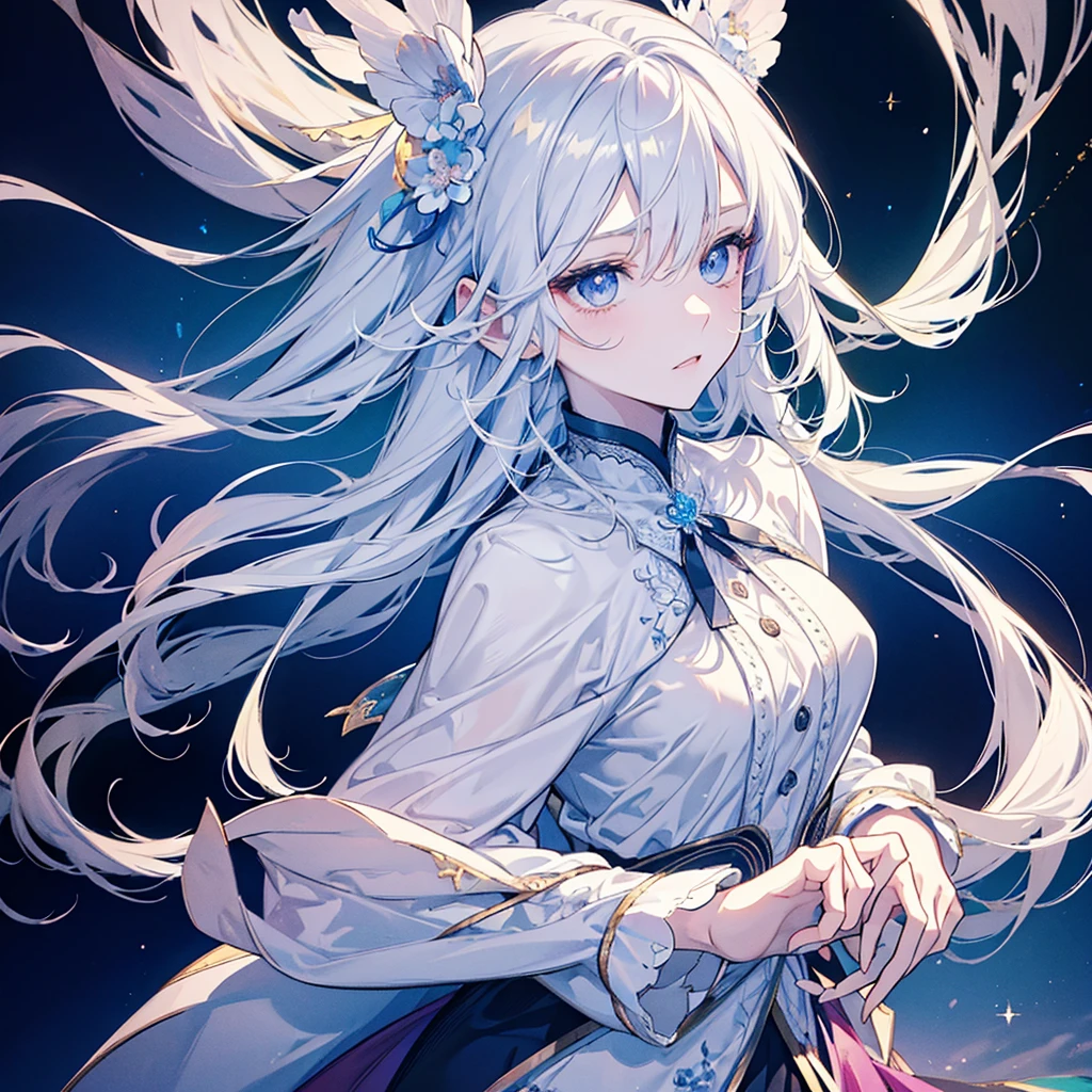 Design an anime girl with striking white hair that flows gracefully around her shoulders. She should be wearing a stylish and elegant outfit that contrasts beautifully with her hair, using soft, complementary colors. Her eyes should be expressive and captivating, reflecting a sense of charm and intrigue. The background can feature a dreamy and ethereal scene with subtle floral patterns or a soft gradient. Add delicate details like soft lighting or small sparkles to enhance the overall enchanting and visually appealing profile picture.