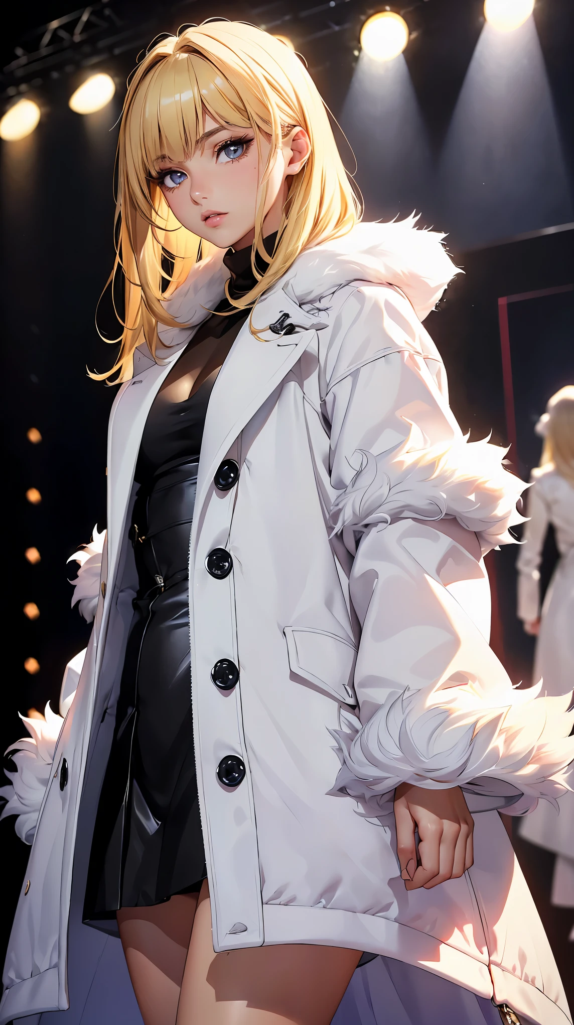 (Highest quality:1.24, Very detailed, Anime Style, Attention to detail, masterpiece:1.2, Highest quality, Best aesthetics), (((1 girl))), JK, Fashion Model, ((White fur coat:1.2, Black Setup)), Open your mouth:1.2, (Blonde, Straight Hair, Cowboy Shot, Front view, Random Pause, Friendly atmosphere, Shiny Hair, Beautiful Skin, Detailed face and eyes, Glossy Lips, Slender body, fashion show, Walking the runway, Spotlight, Light and shadow with attention to detail, Background Blur.