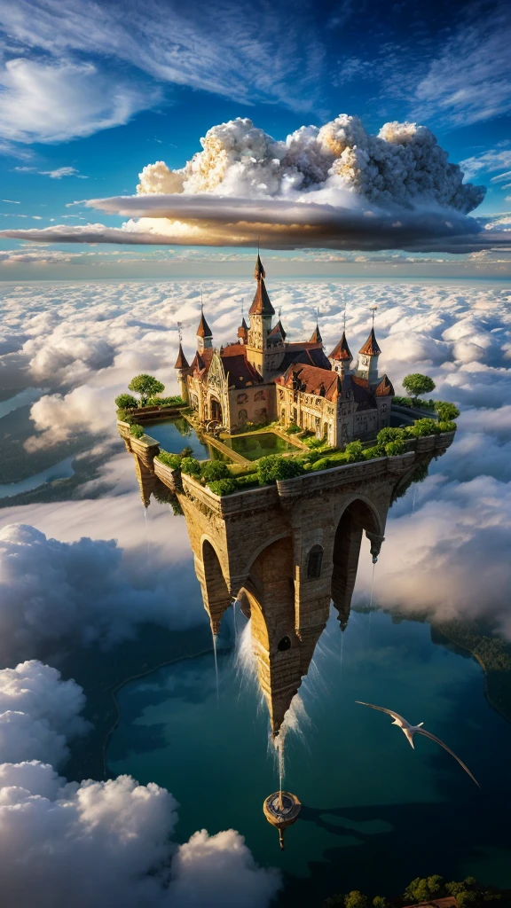 Upside-down world:2, (The artist designed a floating castle on floating land,Forests and fountains in the sky, Above several clouds and thunderstorms)1.4, bird's eyes view, scenery, No Man, A fantastic magical world, (Best quality), (Masterpiece:1.3), (Photorealistic:1.36), (Realistic), Ultra-detailed,, detailedbackground,