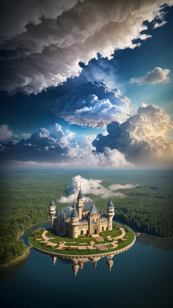 Upside-down world:2, (The artist designed a floating castle on floating land,Forests and fountains in the sky, Above several clouds and thunderstorms)1.4, bird's eyes view, scenery, No Man, A fantastic magical world, (Best quality), (Masterpiece:1.3), (Photorealistic:1.36), (Realistic), Ultra-detailed,, detailedbackground,