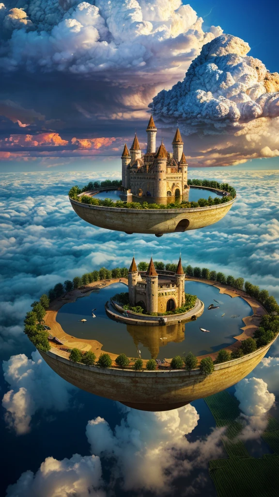 Upside-down world:2, (The artist designed a floating castle on floating land,Forests and fountains in the sky, Above several clouds and thunderstorms)1.4, bird's eyes view, scenery, No Man, A fantastic magical world, (Best quality), (Masterpiece:1.3), (Photorealistic:1.36), (Realistic), Ultra-detailed,, detailedbackground,