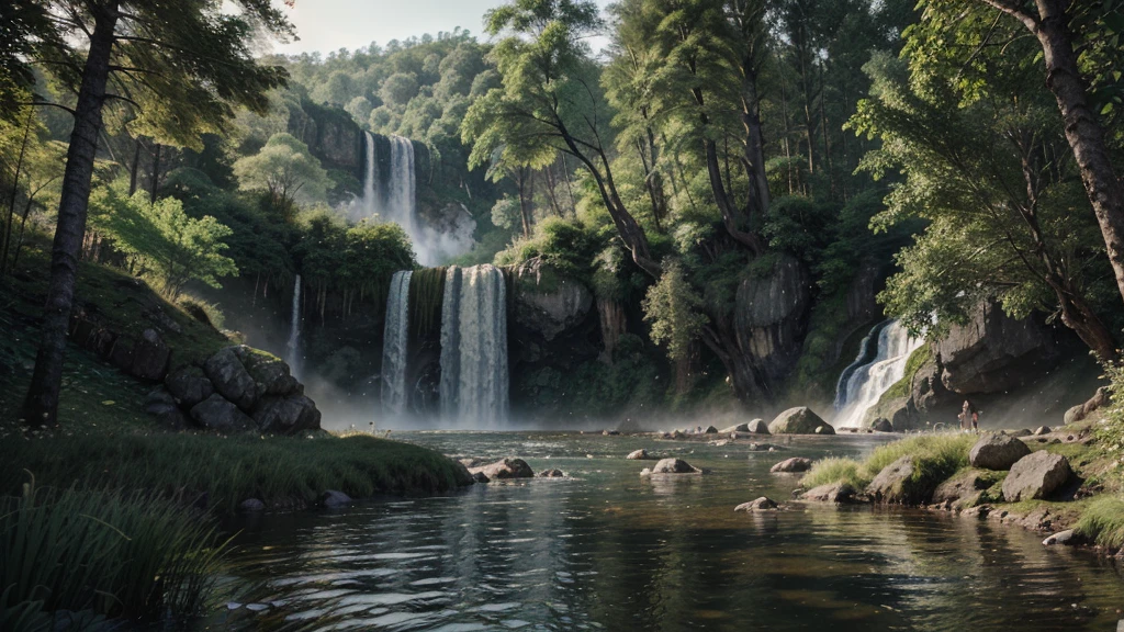 A landscape, forest, towering trees, next to a waterfall, tall waterfall, dreamy, realism, masterpiece, dreamy lighting, 8x quality, 8k resolution, 8x upscale