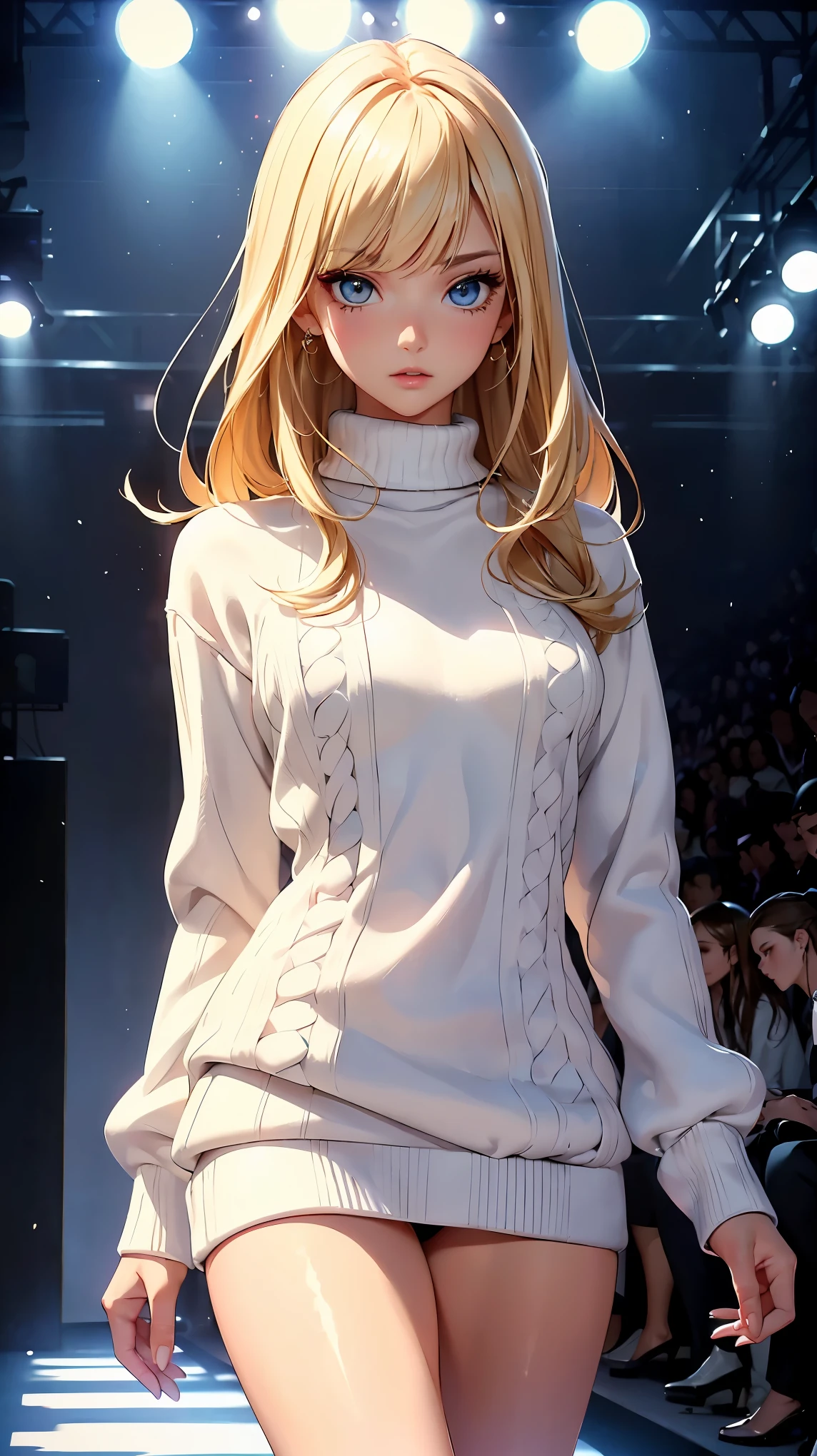 (Highest quality:1.24, Very detailed, Anime Style, Attention to detail, masterpiece:1.2, Highest quality, Best aesthetics), (((1 girl))), JK, Fashion Model, ((white knit setup:1.2)), Open your mouth:1.2, (Blonde, Straight Hair, Cowboy Shot, Front view, Random Pause, Friendly atmosphere, Shiny Hair, Beautiful Skin, Detailed face and eyes, Glossy Lips, Slender body, fashion show, Walking the runway, Spotlight, Light and shadow with attention to detail, Background Blur.