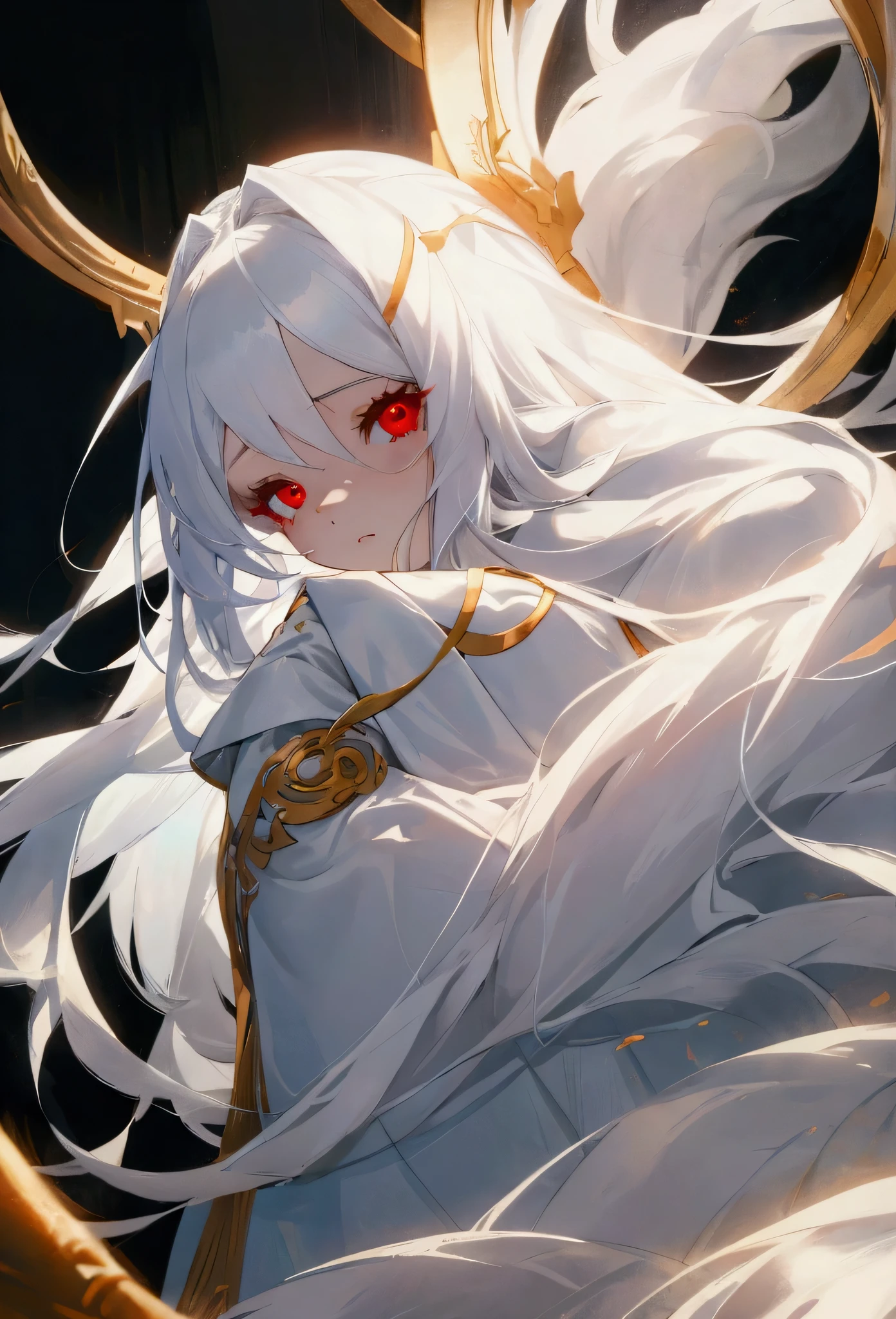 Cute girl, has long white hair,Dressed in white and gold,With beautiful red eyes