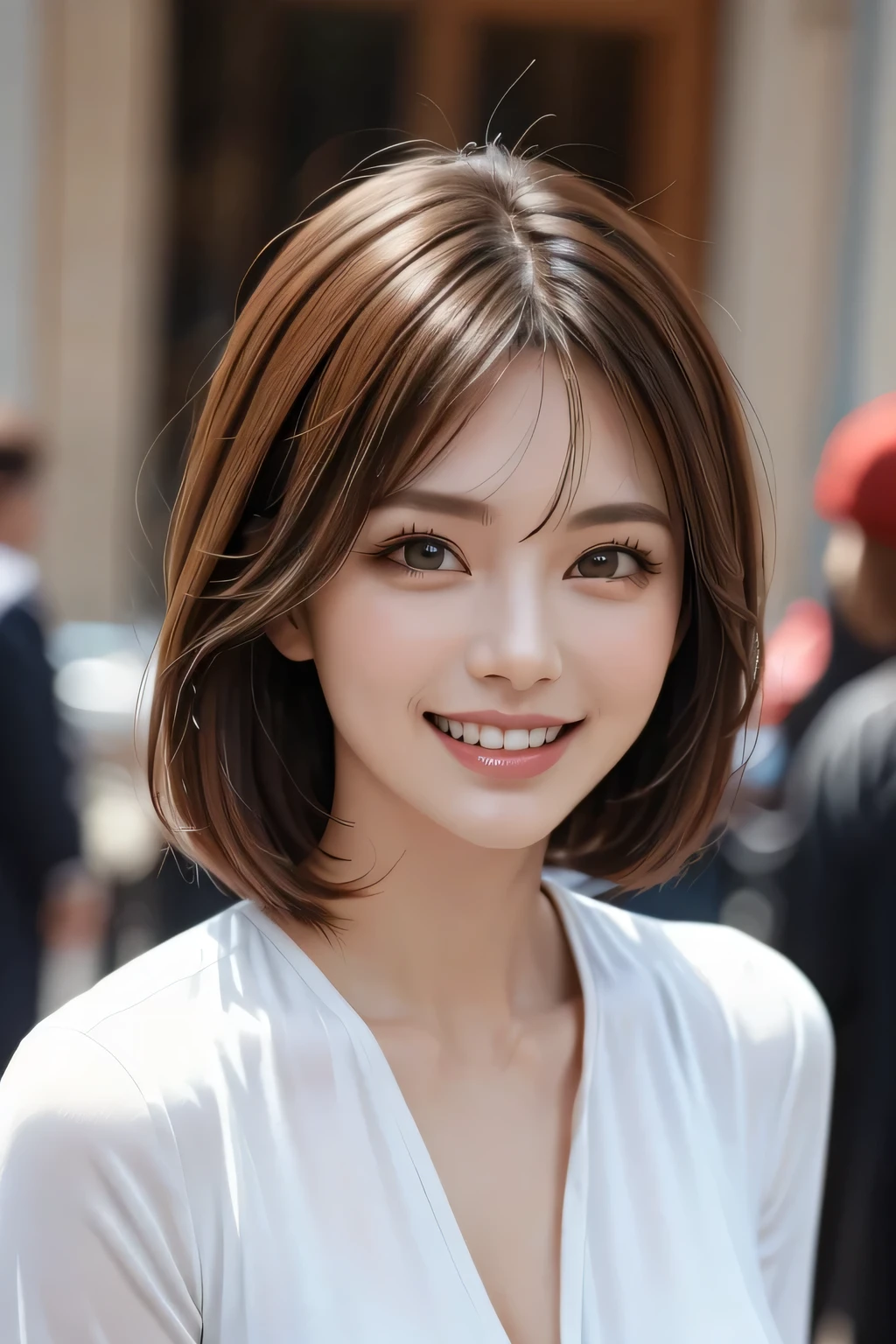 ((masterpiece)), ((Highest quality)), ((Complex)), ((Surreal)), (Realistic), (Mature Woman), ((No classes)), Very detailed, (1 female), Beautiful and exquisite, (Beautiful Teeth), Grin, Brunette bob hair, Brown eyes, ((blouse)), (Upper Body), (background:none), Perfect Eyes, Captivating eyes, Looking at the audience