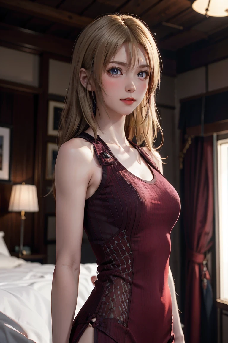 Beautiful blonde supermodel in a tight red sleeveless dress, Long Hair, Tall and thin, Very detailed, Realistic, ultra-realistic, 8k, High resolution, Physically Based Rendering, Very detailed explanation, Vibrant colors, Dramatic studio lighting, (Browsing Caution:1.2)