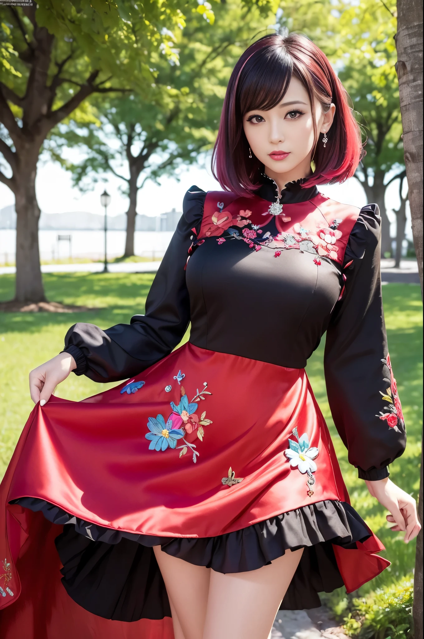 (masterpiece:1.4), (best quality:1.4), ultra high res, ultra high resolution, ((detailed facial features)), HDR, (realistic, photorealistic, photo-realistic:1.37), full body Esbian, sexy Japanese model, (-anime), only 1 model, vivid colors, ((vivid colors multicolor very short hair)), (beautiful smile), lip-gloss, long lashes, defined eyebrows, wearing large sparkling colorful jewelery, wearing a red silk Paradise Kiss cosplay dress with black floral embroidery, ((vivid colors outfit)), vivid colors, look at the camera, cinematic light, large park background with trees, sweet and sexy pose