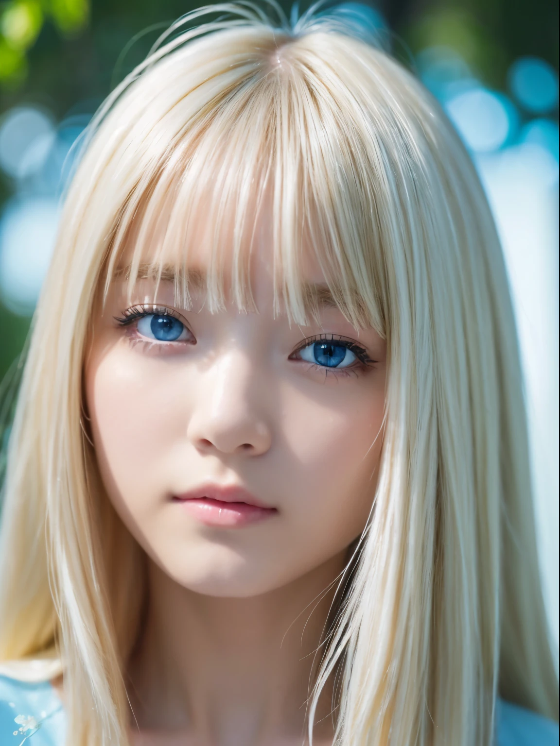 Transparent white glossy skin、Face gloss、Blonde with strong wind in front of pretty face、20 years old ridiculously cute sexy beautiful norwegian girl、Small Face Beauty、Shiny pale light blue eyes and details (Looking into the camera), SLR lighting, Single-lens reflex camera, super high quality, Sharpness, Depth of written boundary, Film Grain (center), Fujifilm XT3, Crystal Clear, Frame center, 完璧にBeautiful Face、Beautiful Face、Beautiful hair with sparkling bright straight blonde hair、Silk bangs between the eyes、Bangs hide the eyes, Sparkling pale blue eyes, Sexy super long blonde cute young woman with super long blonde shiny light hair