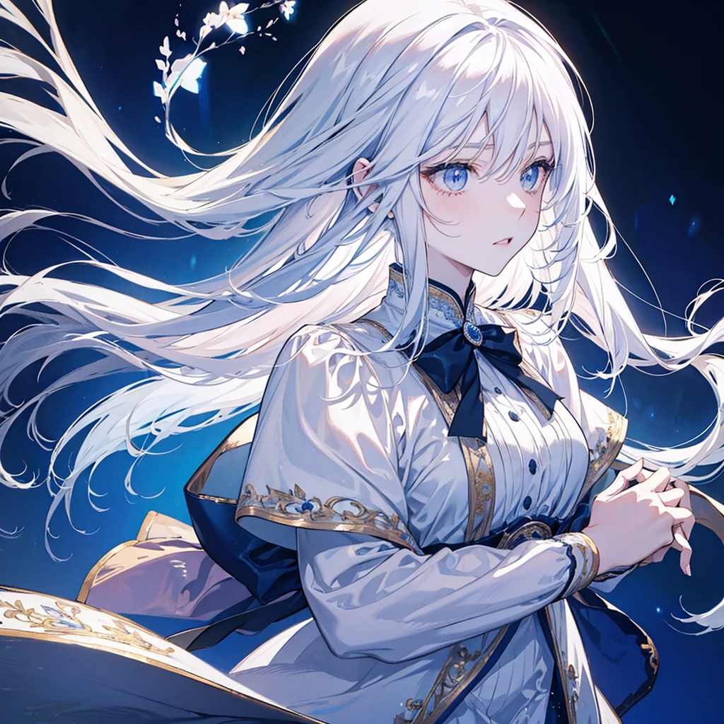 Design an anime girl with striking white hair that flows gracefully around her shoulders. She should be wearing a stylish and elegant outfit that contrasts beautifully with her hair, using soft, complementary colors. Her eyes should be expressive and captivating, reflecting a sense of charm and intrigue. The background can feature a dreamy and ethereal scene with subtle floral patterns or a soft gradient. Add delicate details like soft lighting or small sparkles to enhance the overall enchanting and visually appealing profile picture.