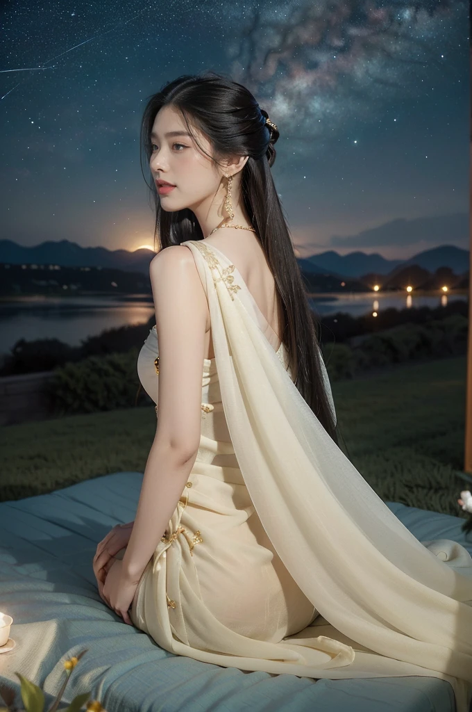 (((best quality))),(((ultra detailed))),(((masterpiece))),illustration,((a serene girl,solo)),(laughing:1.3),((earrings,necklace)),((slim,thin)),((bare back,towering hips,butt crack)),(sitting on luxurious mattress:1.3),((empty field,outdoor,horizon)),((starry sky,Milky Way)),(summer:1.2),(night scene:1.3),(gorgeous see through red sheer Hanfu dress:1.3),intricate patterns,vibrant colors,delicate face,piercing eyes,fair complexion,radiant glow,(shoulder length straight hair:1.3),rich fabric,embroidered designs,high status,platform elevation,soft cushions,plush blankets,serene ambiance,tranquil surroundings,calm demeanor,vibrant attire,ethereal beauty,wonder and awe,((from back,upper body))