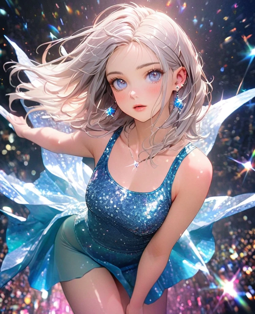 8K,gal,an extremely delicate and beautiful,Beautiful and realistic skin,Shiny jewel-like earrings,Shine like glitter long silver hair,beautiful eyes,glitter background,full body,tanktop,panties