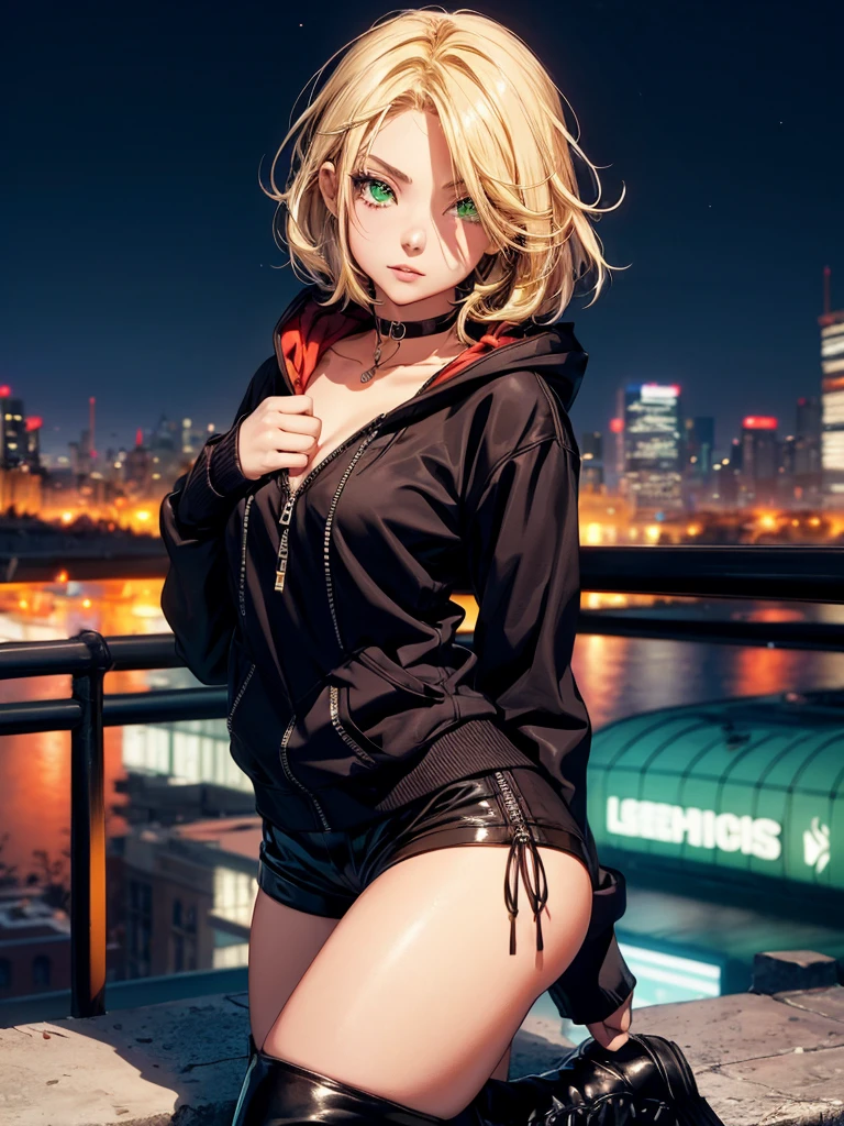 4k, one female, 17 years old, short blonde hair, hair clip, green eyes, eyebrow piercing, choker, black hoodie, short shorts, zip-up boots, city background, night, ((skinny)), braless, small breasts
 sultry look, seductive,
