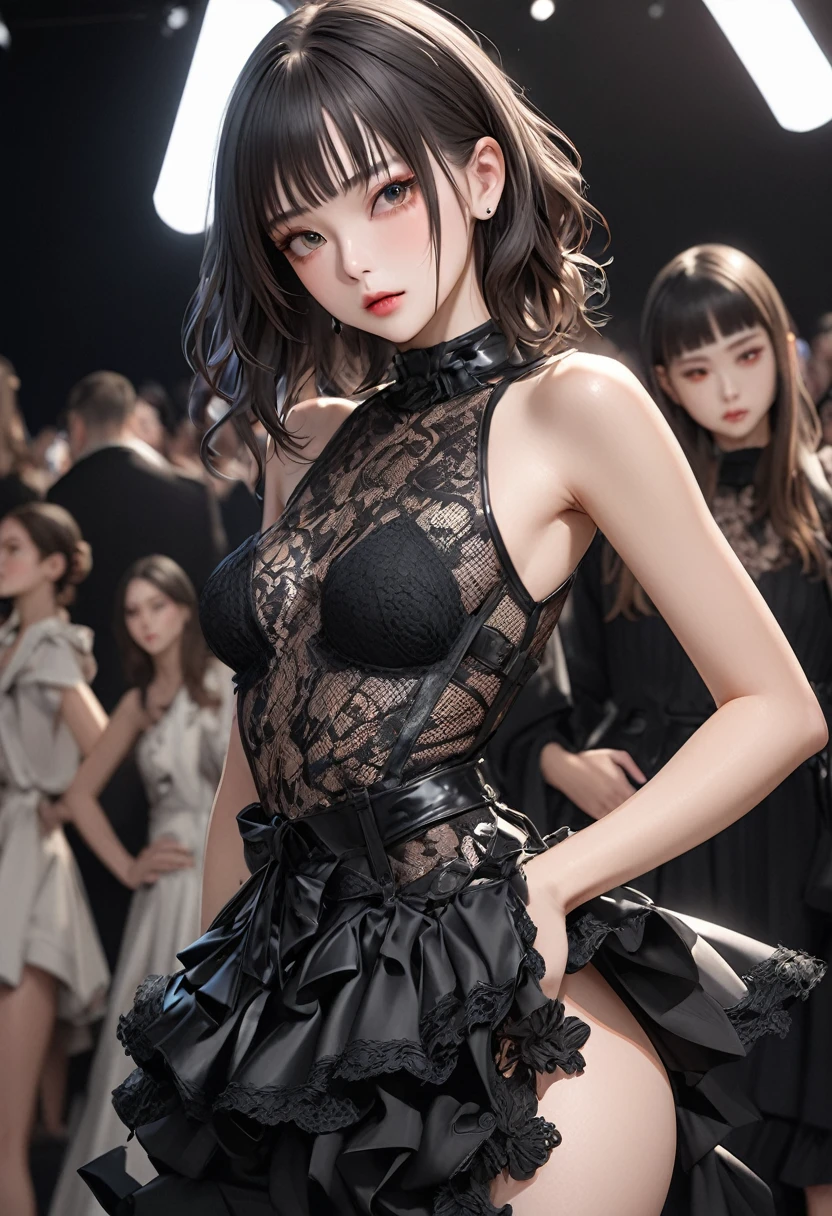 masterpiece: 1.2, highres, highest quality, 16k, ultra-realistic, photorealistic: 1.37, beautiful detailed, beautiful fashion model women, avant-garde fashion art, Avant-garde fashion based on black lace, scenes of they pose on stage at fashion shows, beautiful posture, facial expressions, the way they walk, attractive poses, demeanor, full of confidence expression,