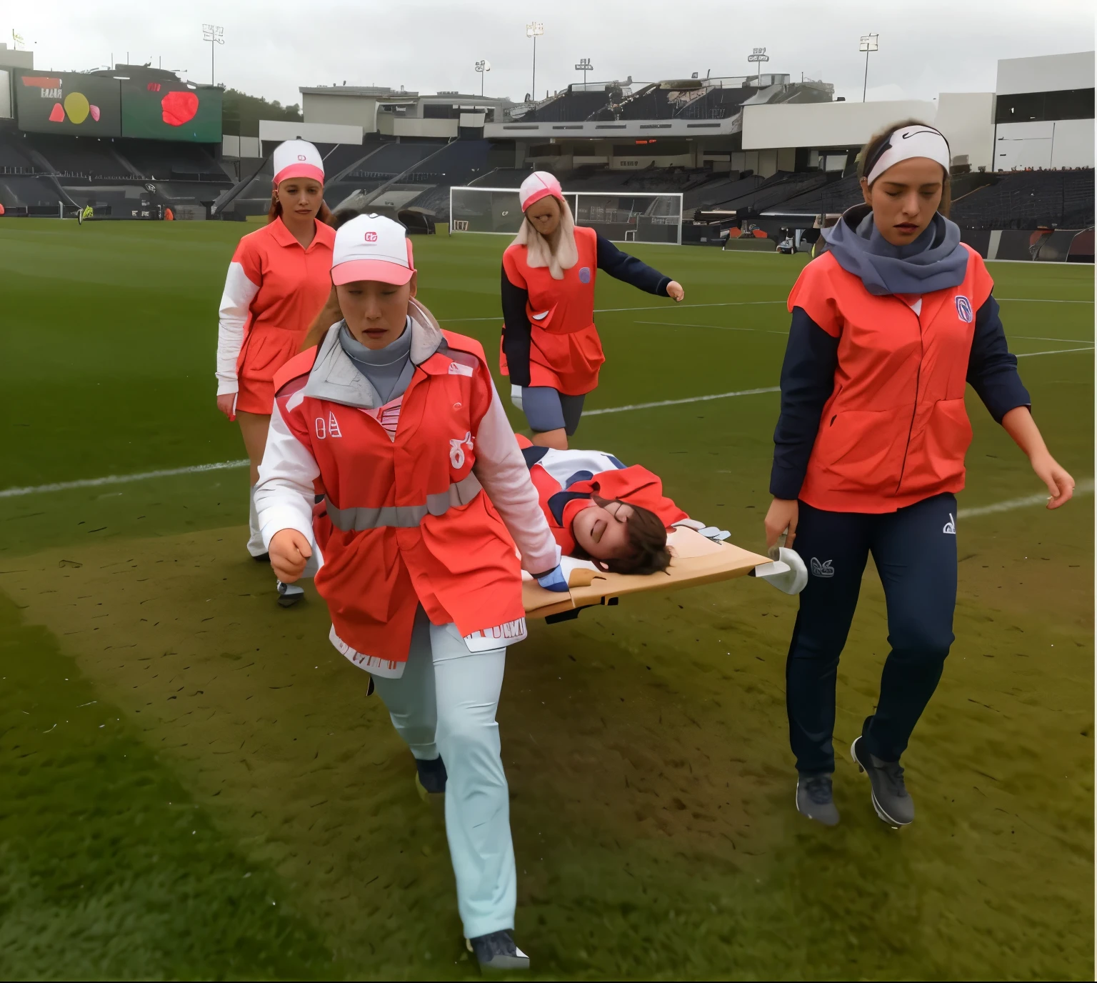 a soccer scene in a sports stadium, cool and wet weather conditions, humide ground, rainy sky, injury scene in a sports stadium, stretcher carry, there are four female medics carrying a stretcher, there are four female medics in very shiny coats who are carrying a stretcher in a sports stadium, there is a wounded male soccer player in a matte short cotton sports outfit lying on the stretcher, an injured male soccer player in matte cotton sportswear is lying in pain on a stretcher, a soccer player in matte cotton sports clothes is rearing up in intense pain while lying on a stretcher, dramatic scene, theatralic posing scene, dramatic pity scene, injury soccer, first aid, help, pity, there are four female medics in wetlook high-shine coats who are looking very sad and very terrified and very shocked, the injured soccer player is screaming out in pain while he is carried from the pitch on a stretcher