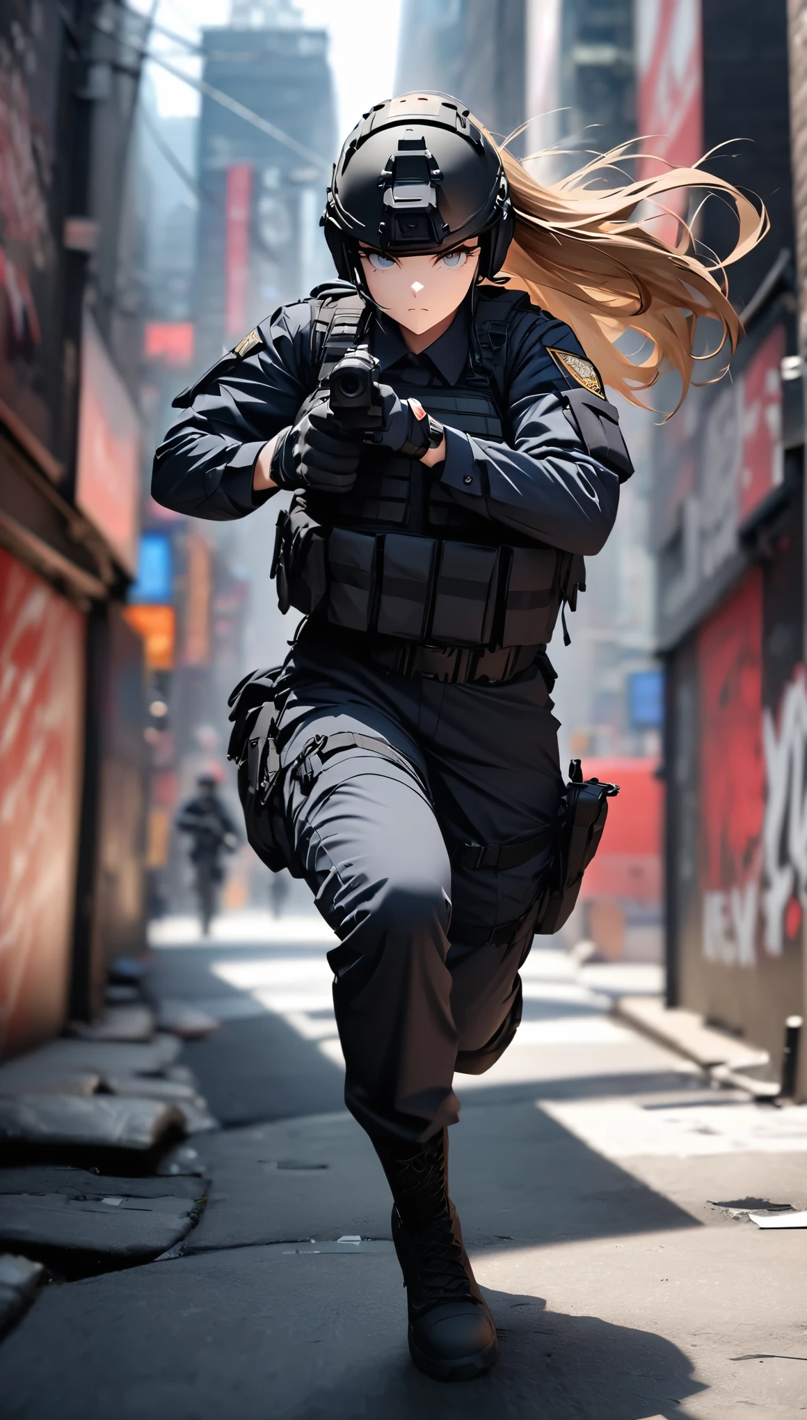 (masterpiece,Highest quality,Highest quality,Super detailed,High resolution),8k,wallpaper,One Woman,American Woman,Brunette,(Beautiful Eyes,Beautiful Hair,Beautiful Skin,Beautiful Face),Serious,whole body,(((Gunfight in a narrow alley))),(Dynamic Movement),((pistol)),New York City Police Department Special Forces Uniform,Bulletproof vest,Combat Boots,Tactical Forster,Tactical Headset,Tactical Helmet,(The background is New York City:1.6),(((Background Blur)))
