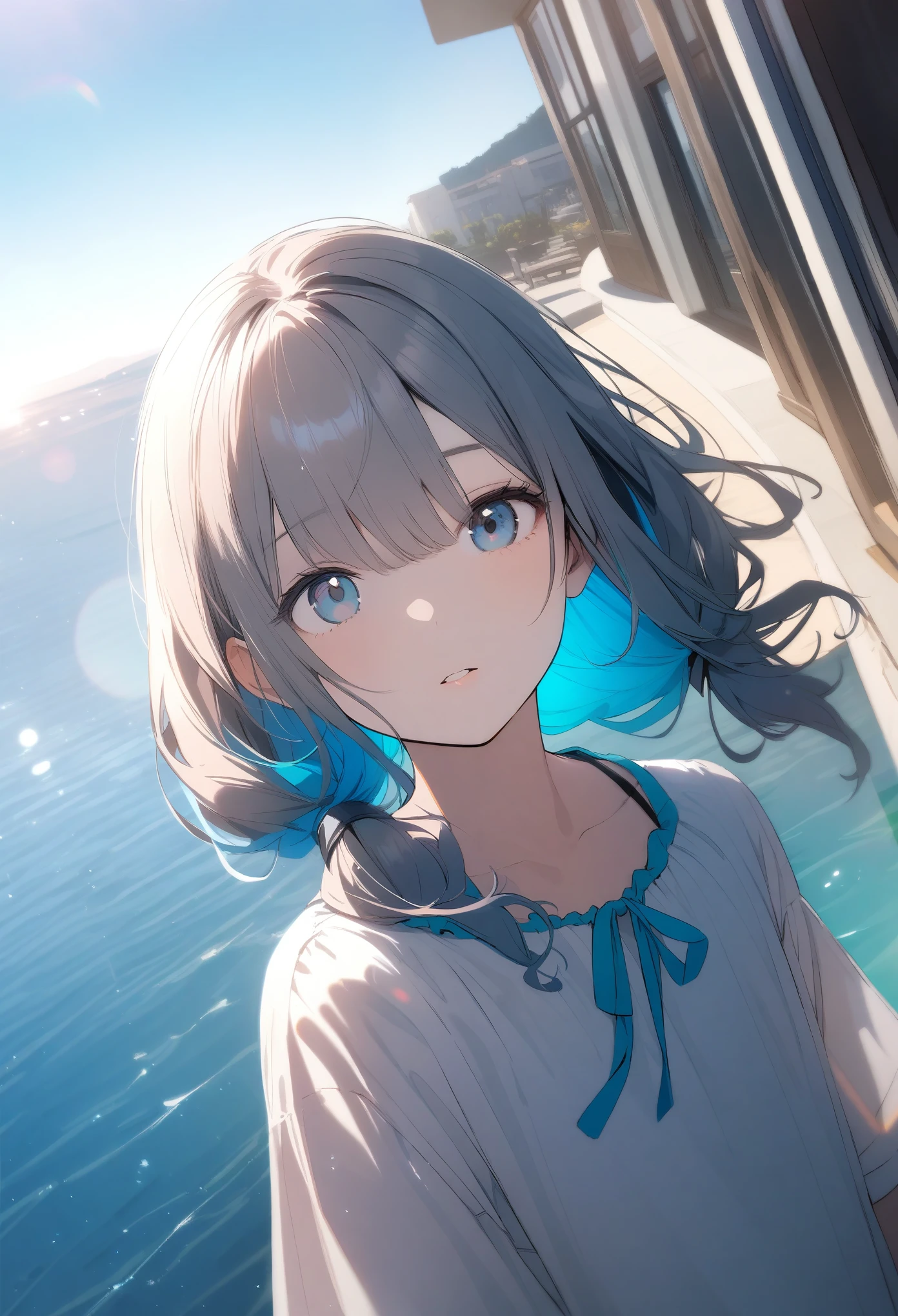 One 17-year-old girl,Summer Korean Fashion、 (Inner color hairstyle), Beautiful Hair, Facial Contour, Remember, ,Hotel, splash, Lens flare, noon, bright, Natural Color, High resolution, Very delicate, Very detailed, 8k,((((Sexual)))),Shyness、Angle of view is upper body、Angle from above