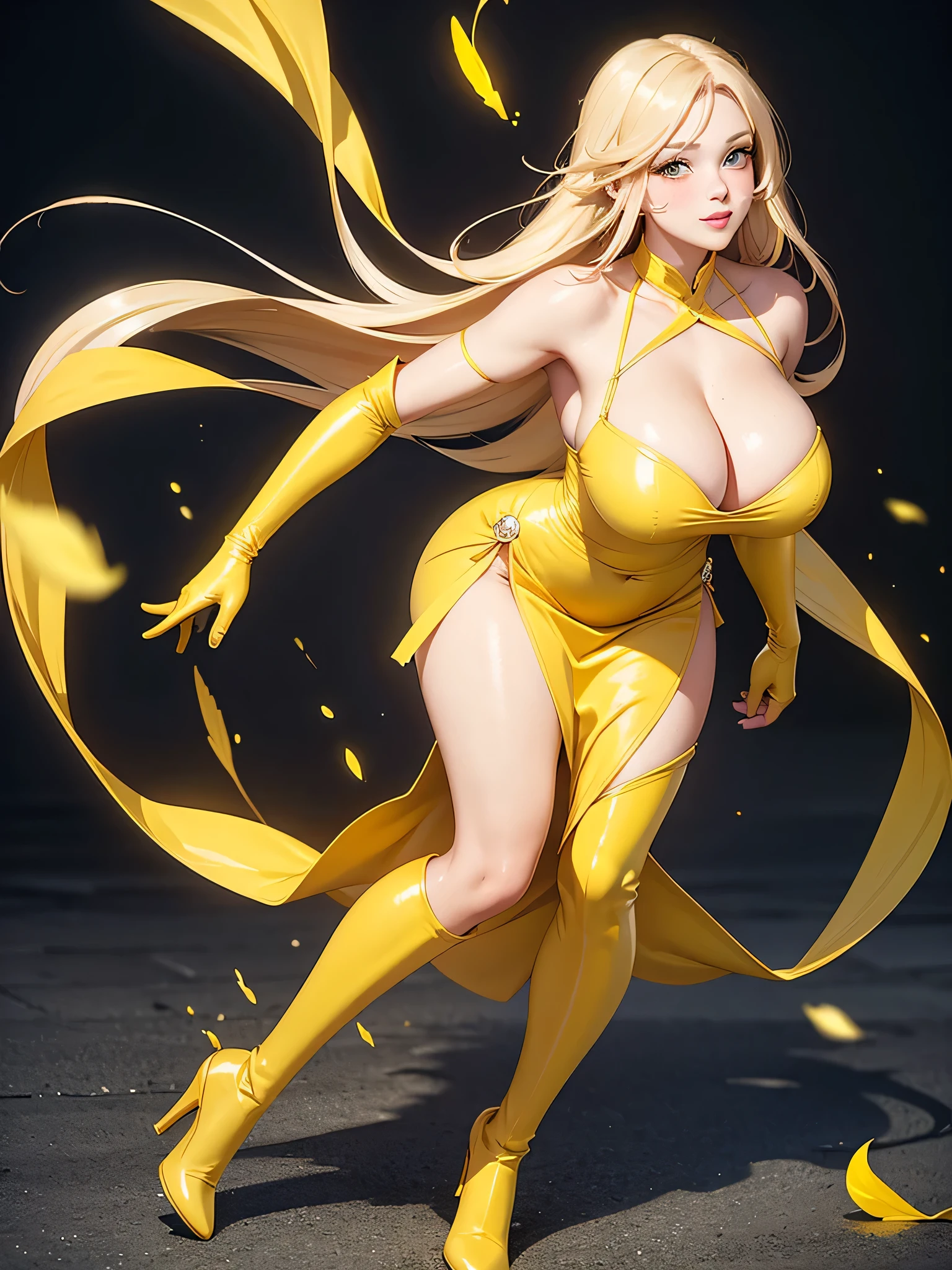 Full body, beautiful yellow eyes, blush, cute face, (1 cute woman, solo: 1.1), lips, gigantic breasts, beautiful background, long yellow hair, yellow dress, yellow elbow gloves, yellow high heel boots, naked shoulders