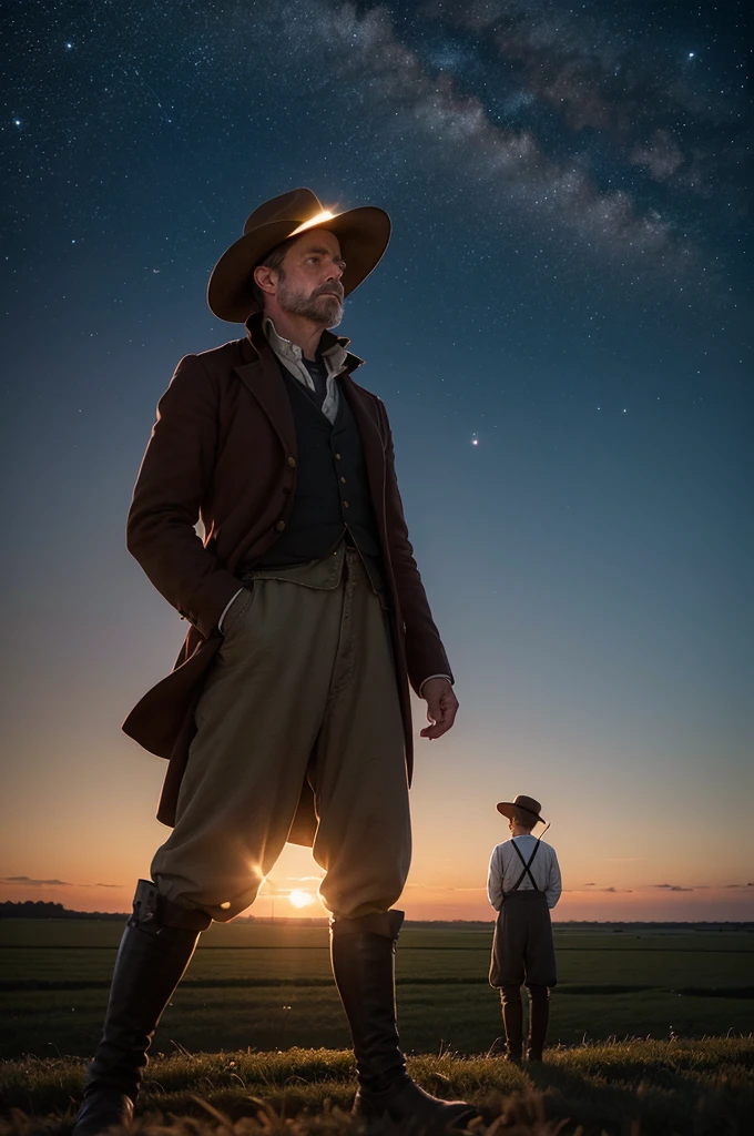 Image of a 19th century farmer observing the horizon, followed by a recreation of the lights in the sky.