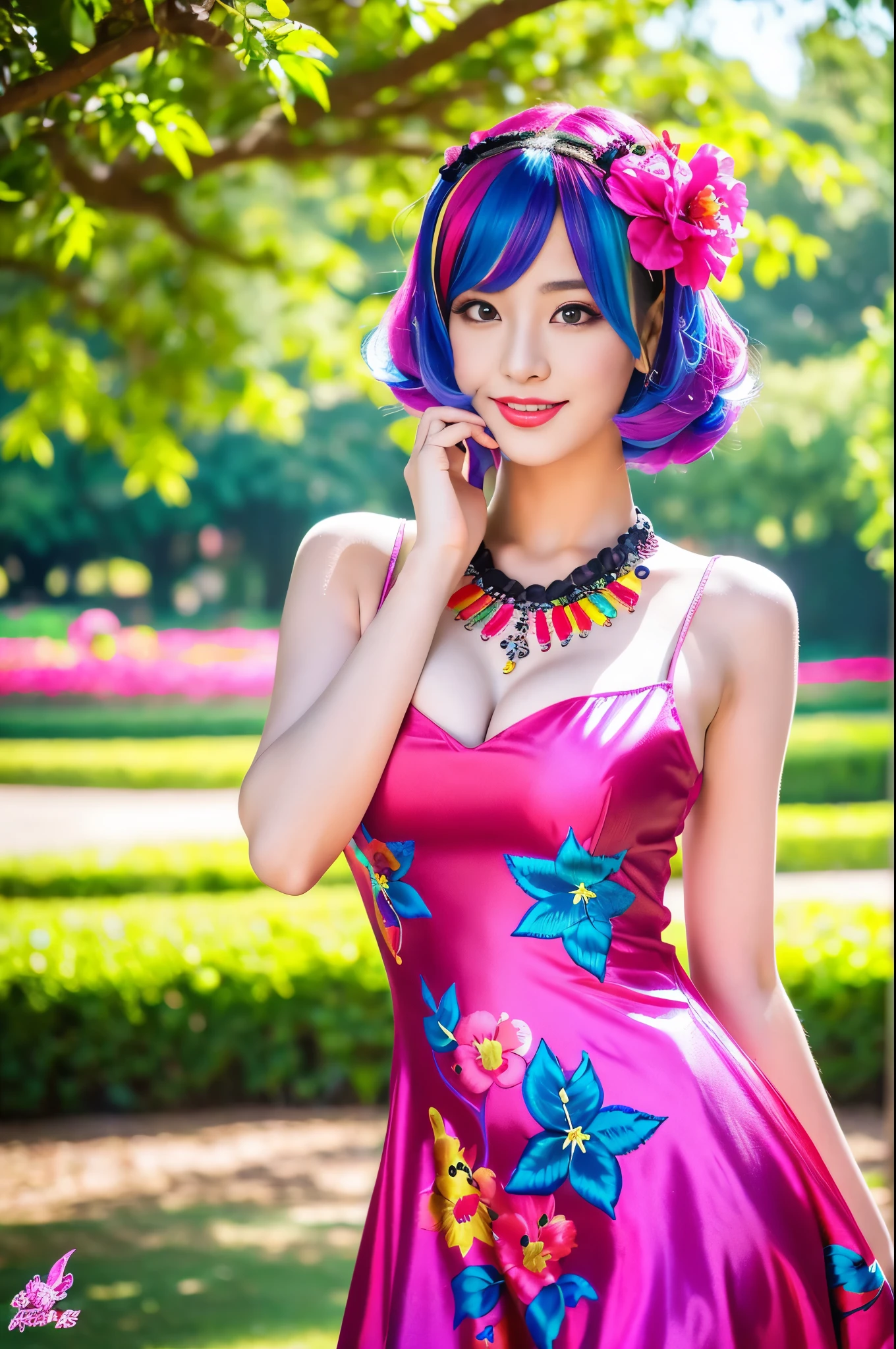 (masterpiece:1.4), (best quality:1.4), ultra high res, ultra high resolution, ((ultra detailed facial features)), HDR, (realistic, photorealistic, photo-realistic:1.37), full body Esbian, sexy Asian woman, vivid colors, ((vivid colors multicolor (fuchsia, pink, light blue, purple) very short hair)), (seductive smile), ultra detailed metallic makeup, lip-gloss, long lashes, defined eyebrows, wearing large sparkling colorful jewelery, wearing a red silk Paradise Kiss cosplay dress with black floral embroidery, ((vivid colors outfit)), vivid colors, look at the camera, cinematic light, large park background with trees, sweet and sexy pose