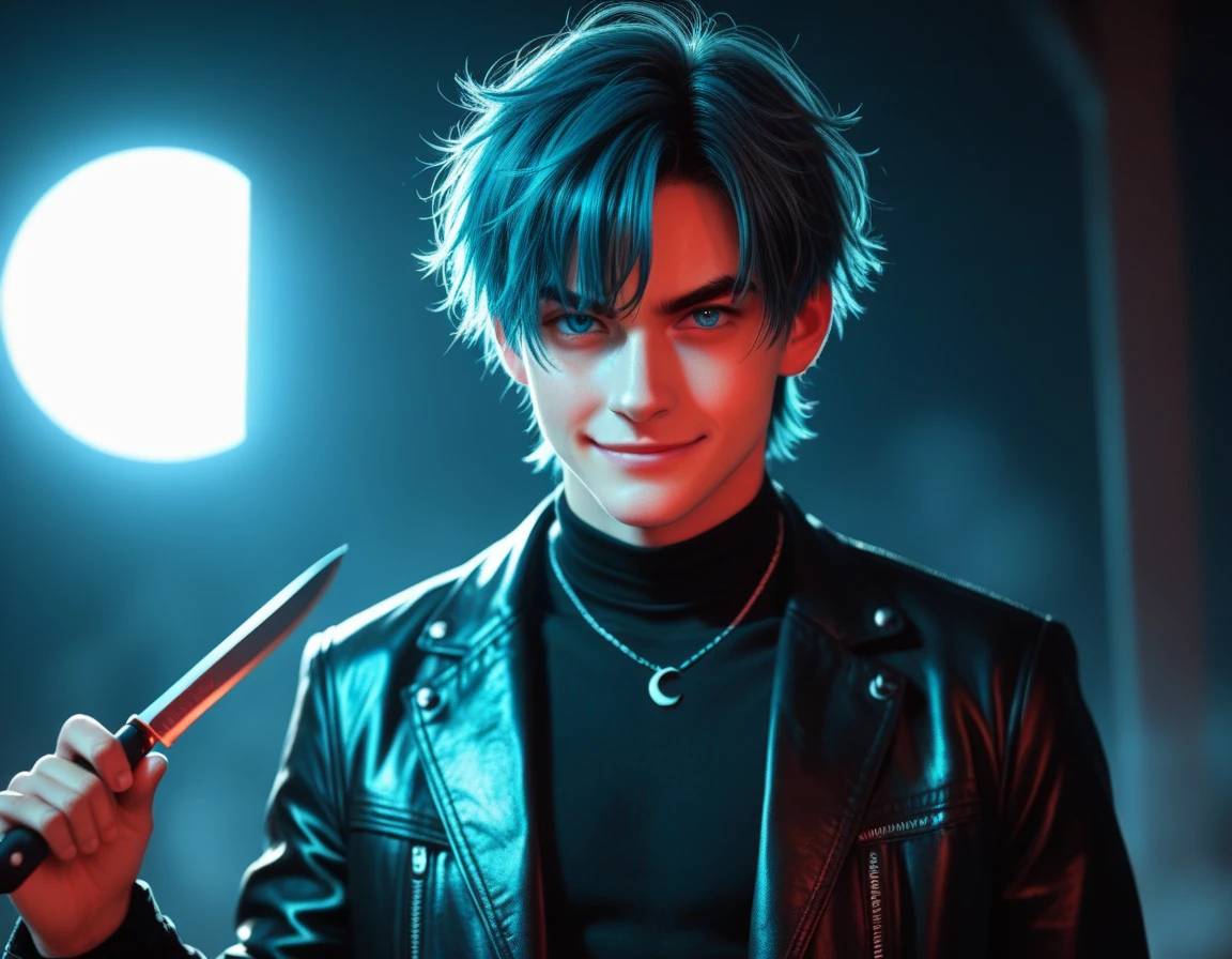 Hyper realistic, dark vibes, solo, attractive young guy, male, 22 years, (holding knife:1.1) pale skin, blue eyes, (short textured blond hair:1.1), layered bangs, gothic black leather jacket, black eyeliner, dark lighting, in luxury BDSM room, (smirk:1.1), (visible neon red crescent moon writing sign in background text "CONTEXT" in blue:1.1)
