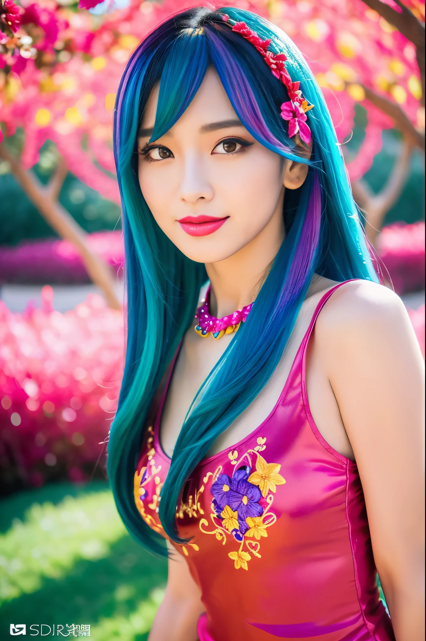 (masterpiece:1.4), (best quality:1.4), ultra high res, ultra high resolution, ((ultra detailed facial features)), HDR, (realistic, photorealistic, photo-realistic:1.37), full body Esbian, sexy Asian woman, vivid colors, ((vivid colors multicolor (fuchsia, pink, light blue, purple) very short hair)), (seductive smile), ultra detailed metallic makeup, lip-gloss, long lashes, defined eyebrows, wearing large sparkling colorful jewelery, wearing a red silk Paradise Kiss cosplay dress with black floral embroidery, ((vivid colors outfit)), vivid colors, look at the camera, cinematic light, large park background with trees, sweet and sexy pose