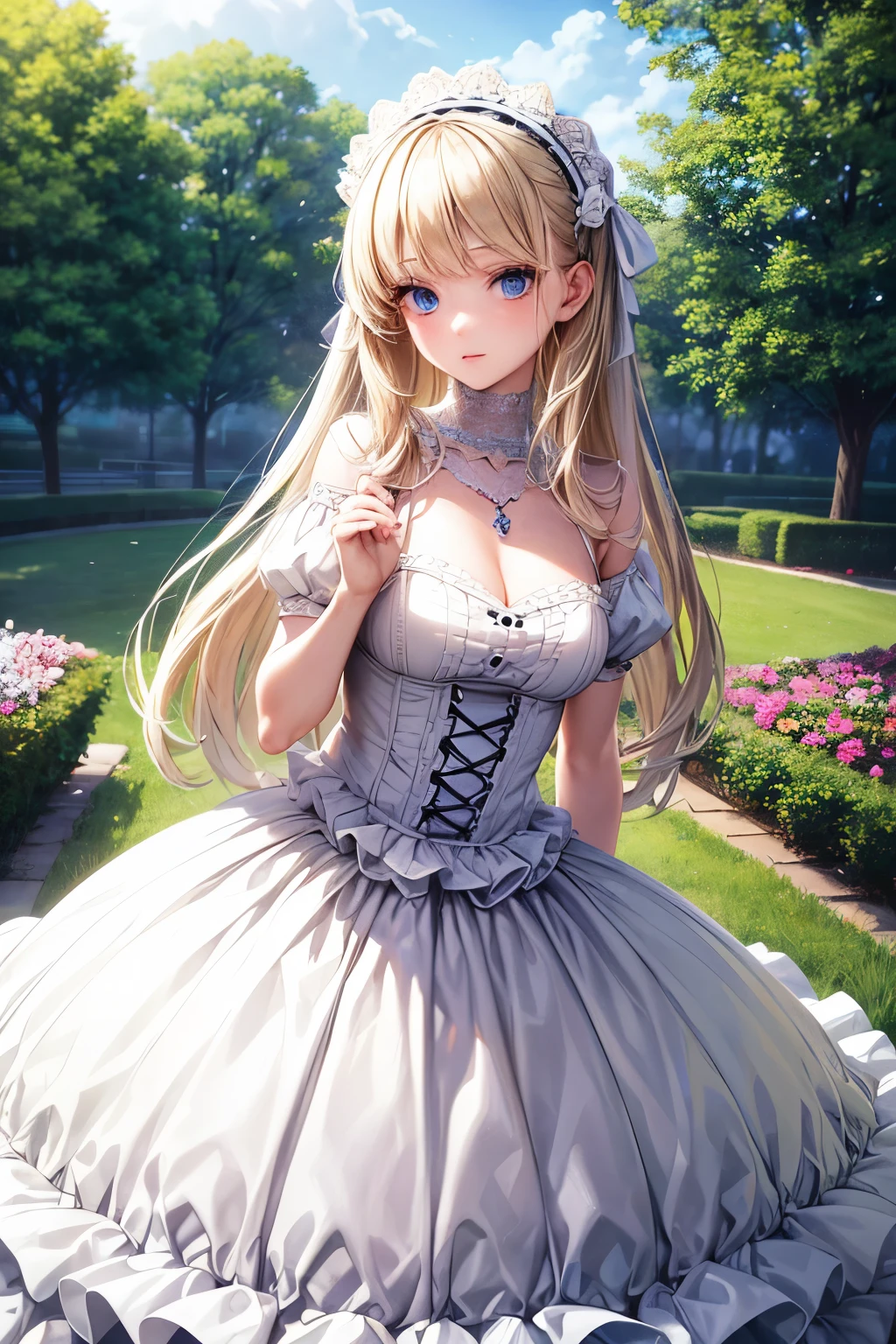 masterpiece,Highest quality,Very detailed,beautiful girl,White Gothic ta Dress,necklace, teen, (full body),Blonde,blue eyes,Perfect Face,Beautiful and detailed eyes,Beautiful Skin,skinny,Dynamic,Outdoor,Beautiful flowering garden