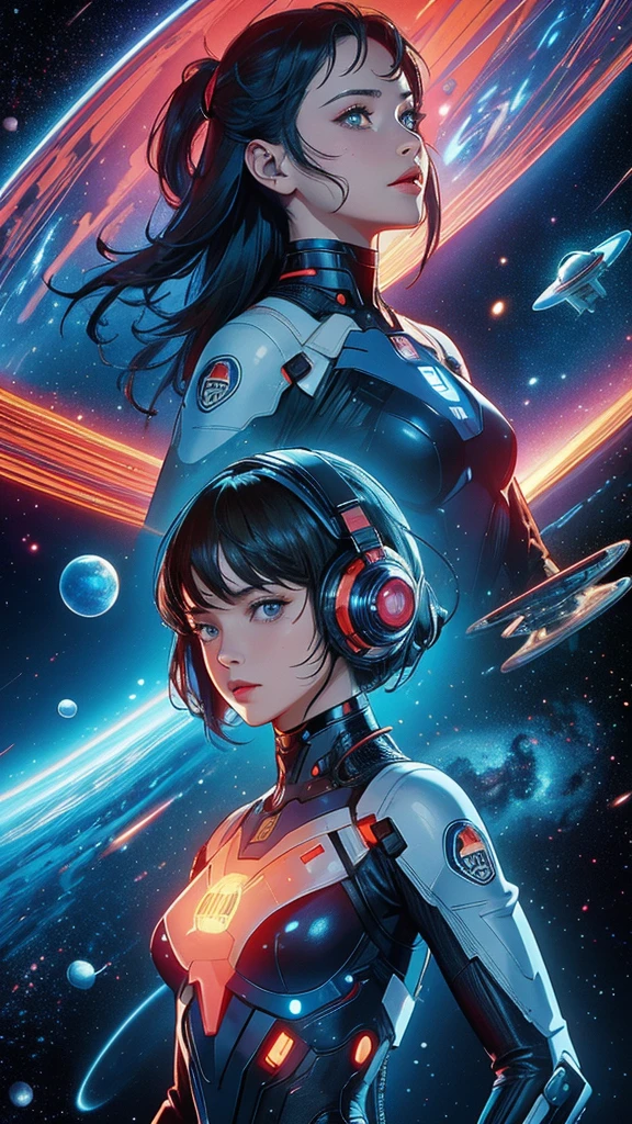 ((masterpiece, Highest quality)), 32K Wallpapers, Very detailed, Poster, Vintage science fiction, 1960s,(((space thriller cinematic movie Poster))), (Bauhaus), shape,Abstract, Midcentury Modern, movie Poster, Vintage, A woman fused with a robot,anime,1970s,Halftone,Speech bubble,Milky Way,(Superhero),((portfolio,close)),future,Combination of machine and woman,Space War,Star Wars,Evangelion,Gantz,