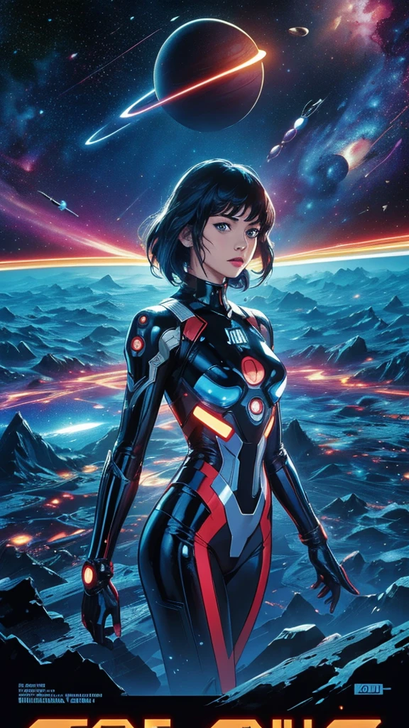 ((masterpiece, Highest quality)), 32K Wallpapers, Very detailed, Poster, Vintage science fiction, 1960s,(((space thriller cinematic movie Poster))), (Bauhaus), shape,Abstract, Midcentury Modern, movie Poster, Vintage, A woman fused with a robot,anime,1970s,Halftone,Speech bubble,Milky Way,(Superhero),((portfolio,close)),future,Combination of machine and woman,Space War,Star Wars,Evangelion,Gantz,