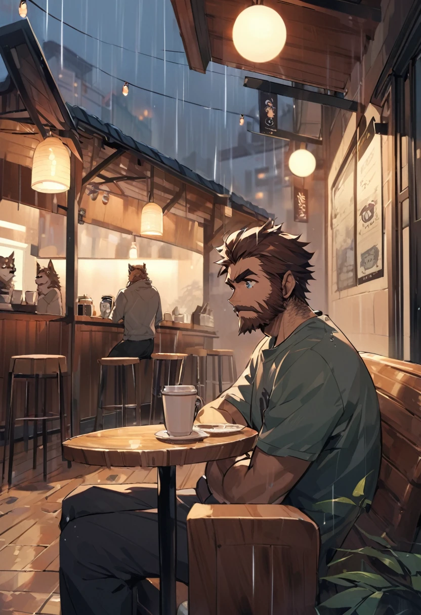 hairy、Adult male、hairy的、Bright Eyes，hairy的 tail，Rain Watching Cafe，Canines，Alone，Wear casual clothing，Brown hair