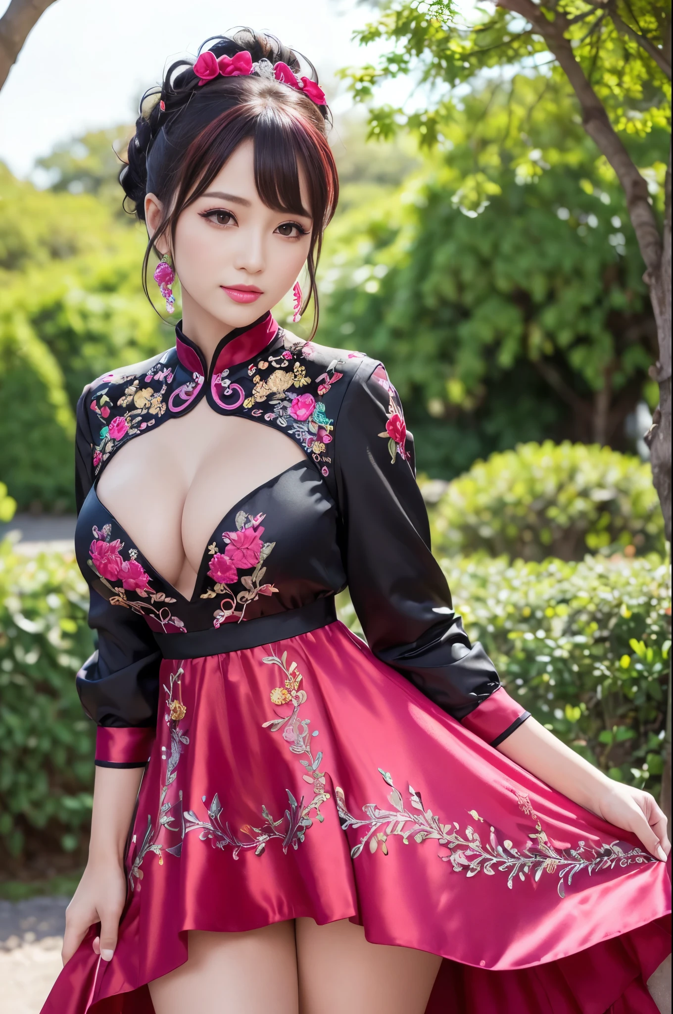 (masterpiece:1.4), (best quality:1.4), ultra high res, ultra high resolution, ((detailed facial features)), HDR, (realistic, photorealistic, photo-realistic:1.37), full body Esbian, y Vietnamese model, (-anime), vivid colors, ((vivid colors multicolor (red, fuchsia) very short hair)), (happy smile), lip-gloss, long lashes, ultra detailed metallic makeup, defined eyebrows, wearing large sparkling colorful jewelery, wearing a red silk Paradise Kiss cosplay dress with black floral embroidery, ((vivid colors outfit)), vivid colors, look at the camera, cinematic light, large park background with trees, sweet and sexose