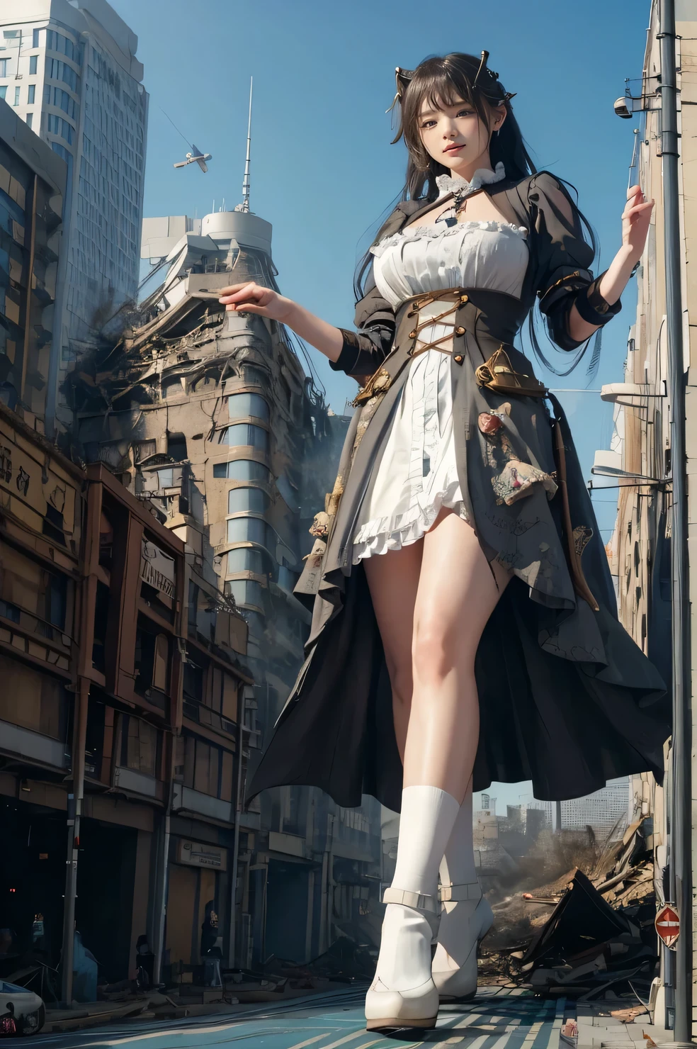 looking at the camera、steampunk、Standing on top of a ruined building、Big building explosion、The building collapses、Urban hustle and bustle、Traffic jam、City of Rubble、street tree、Car and bus、truck、taxi、City boulevard、Pedestrian bridge、Streetcar route((((Azur Lane Cheshire Cosplay))))、(((Frilled maid outfit)))、((Super huge breasts))、((Plump thighs))、Ground View,City of Giants,500 foot tall giant girl,skyscraper,Has super long legs,Step into the crowd,There are many people on the street,Knee-high socks,A happy look,Standing on the ruins,Beautiful appearance,Exquisite makeup,quality,8k,高quality,Perfect Proportions, Cinema Lighting,Film Grain,The Colors of Fuji,8k,Textured skin,Super Detail,High detail,high quality,High resolution,explode,False Smile、Reaching out