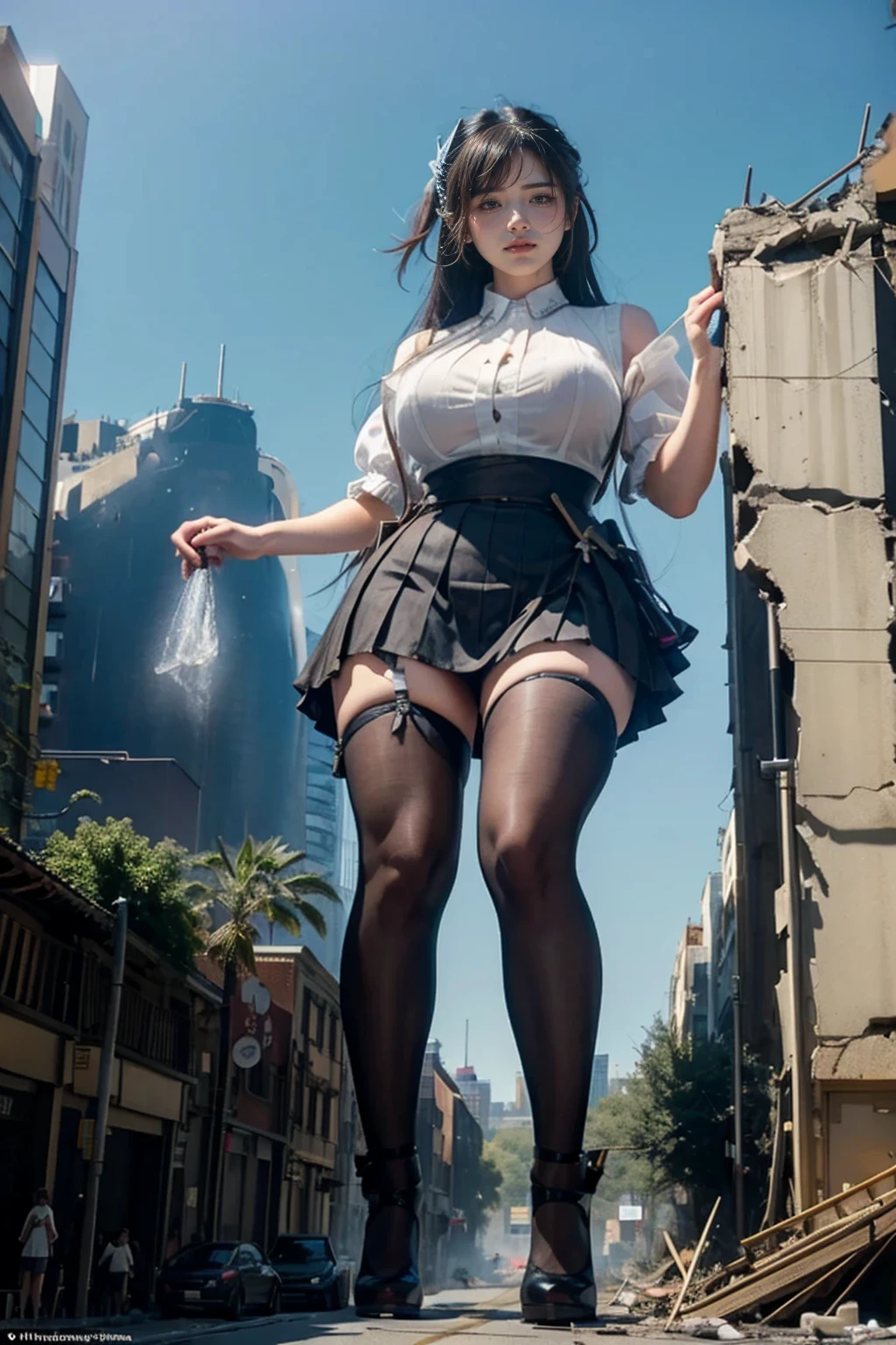 The building collapses、Urban hustle and bustle、Traffic jam、City of Rubble、street tree、((((Azur Lane Cheshire))))、Maid clothes、Super huge breasts、Plump thighs、Ground View,City of Giants,500 foot tall giant girl,skyscraper,Has super long legs,Step into the crowd,There are many people on the street,Knee-high socks,She has waist-length black hair,Wear Mary Jane heels,A happy look,Standing on the ruins,Beautiful appearance,Exquisite makeup,quality,8k,高quality,Perfect Proportions, Cinema Lighting,Film Grain,The Colors of Fuji,8k,Textured skin,Super Detail,High detail,high quality,High resolution,explode,False Smile,Show your pants
