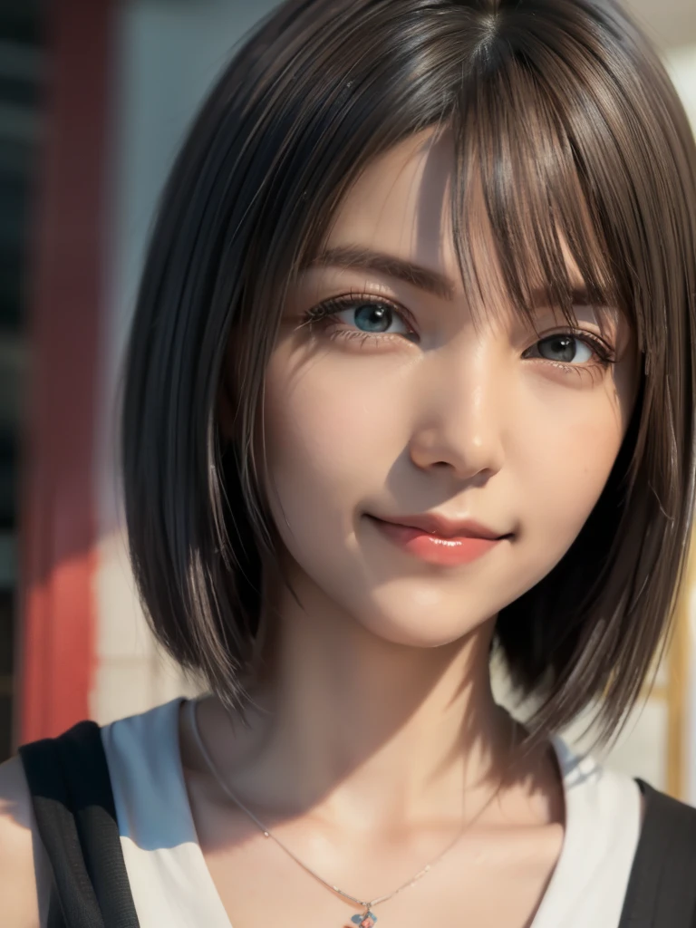 (Highest quality: 1.5), (Real: 1.5), (1 person: 1.5), (Very detailed), (High resolution), 8k, blue-beaded earring, hakama skirt, kimono, (Yuna FFX costume), (Japanese woman), 20 year old girl, (perfect and beautiful face), (big eyes), (beautiful and cute face), (balanced and beautiful eyes), beautiful double eyelids, perfect and Beautiful face, thin arched eyebrows, beautiful thin nose, beautiful skin, slim face, (medium breasts), natural colored lips, cute smile, (slim body), (medium bob hair), natural bangs, fair skin, (cute expression) ), (bright lighting), frontal lighting, (face lighting), dark blue eyes, slim waistline, (miniskirt), slender and beautiful legs, beautiful and slim thighs, fair skin, fantasy background, Final Fantasy world view,