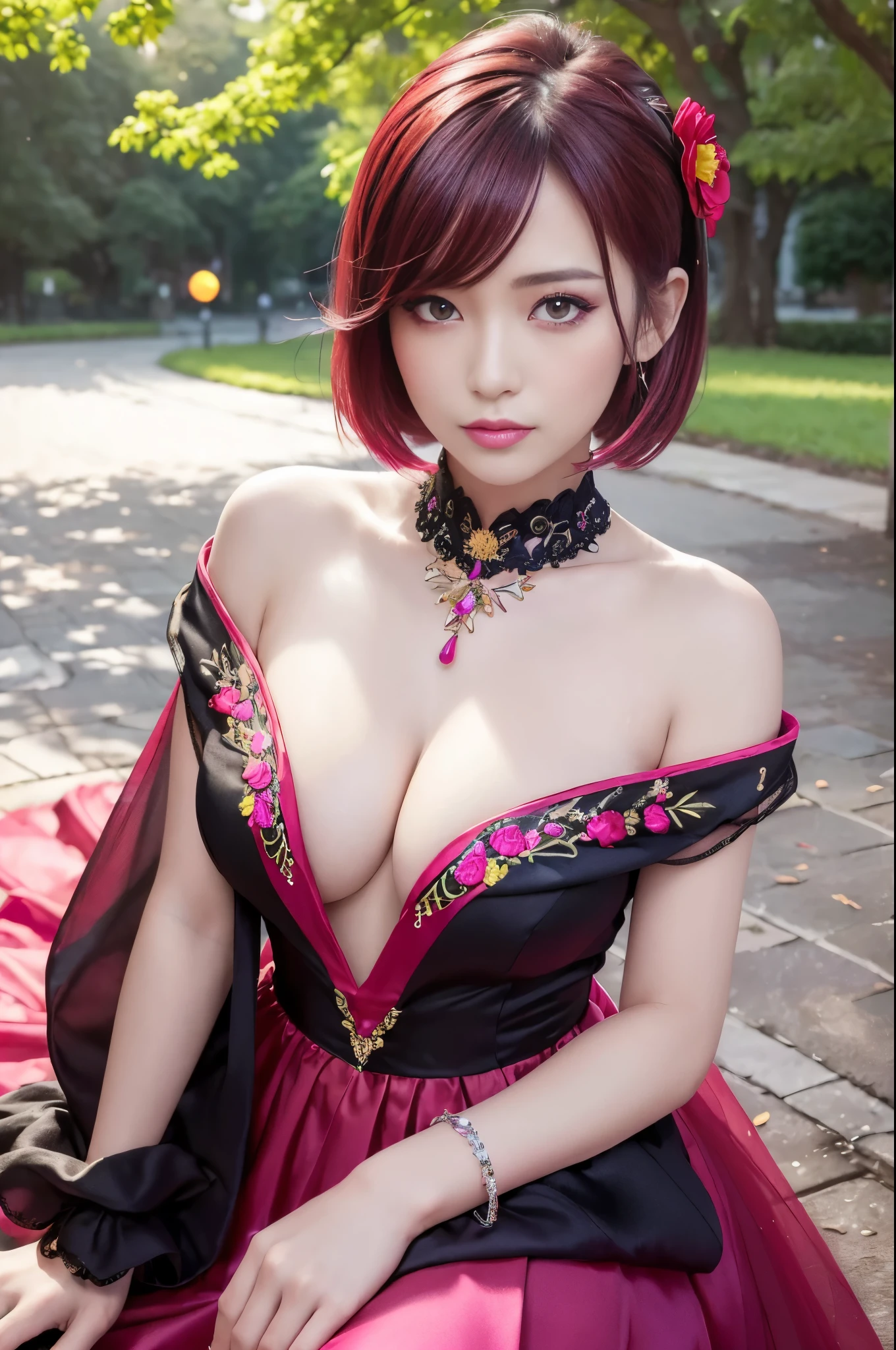 (masterpiece:1.4), (best quality:1.4), ultra high res, ultra high resolution, ((detailed facial features)), HDR, (realistic, photorealistic, photo-realistic:1.37), full body Esbian, sexy Vietnamese model, (-anime), vivid colors, ((vivid colors multicolor (red, fuchsia) very short hair)), (happy smile), lip-gloss, long lashes, ultra detailed metallic makeup, defined eyebrows, wearing large sparkling colorful jewelery, wearing a red silk Paradise Kiss cosplay dress with black floral embroidery, ((vivid colors outfit)), vivid colors, look at the camera, cinematic light, large park background with trees, sweet and sexy pose