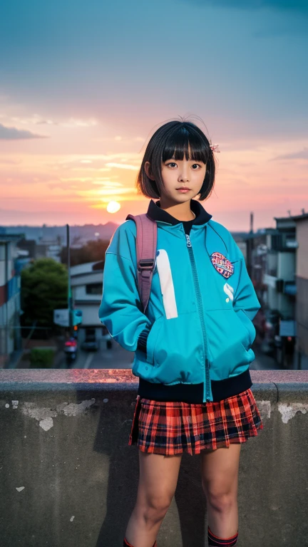 Girl with flamboyant appearance and rebellious attitude, Japanese, , delinquent girl, alone, gal style with emphasis on cuteness, jacket, extremely short skirt, sneakers, bobbed hair, looking at me with upper eyes, looking at people, lonely expression, solitude, old Hakodate townscape in background, summer, evening, setting sun, movie A scene, realistic, 8K, masterpiece, super high resolution, RAW photo, highest quality,