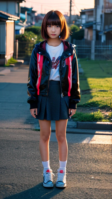 Girl with flamboyant appearance and rebellious attitude, Japanese, 15 years old, delinquent girl, alone, gal style with emphasis on cuteness, jacket, extremely short skirt, sneakers, bobbed hair, looking at me with upper eyes, looking at people, lonely expression, solitude, old Hakodate townscape in background, summer, evening, setting sun, movie A scene, realistic, 8K, masterpiece, super high resolution, RAW photo, highest quality,