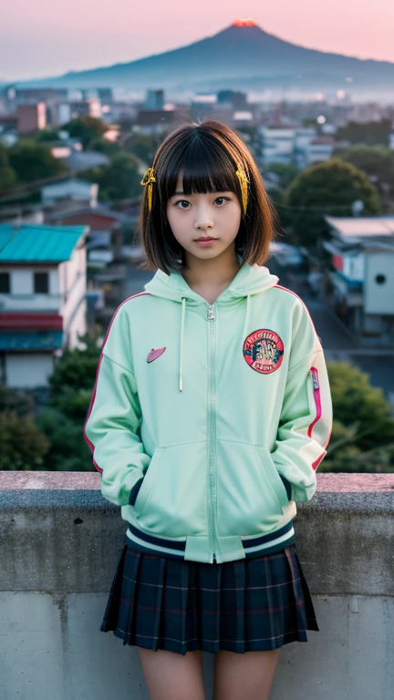 Girl with flamboyant appearance and rebellious attitude, Japanese, 15 years old, delinquent girl, alone, gal style with emphasis on cuteness, jacket, extremely short skirt, sneakers, bobbed hair, looking at me with upper eyes, looking at people, lonely expression, solitude, old Hakodate townscape in background, summer, evening, setting sun, movie A scene, realistic, 8K, masterpiece, super high resolution, RAW photo, highest quality,