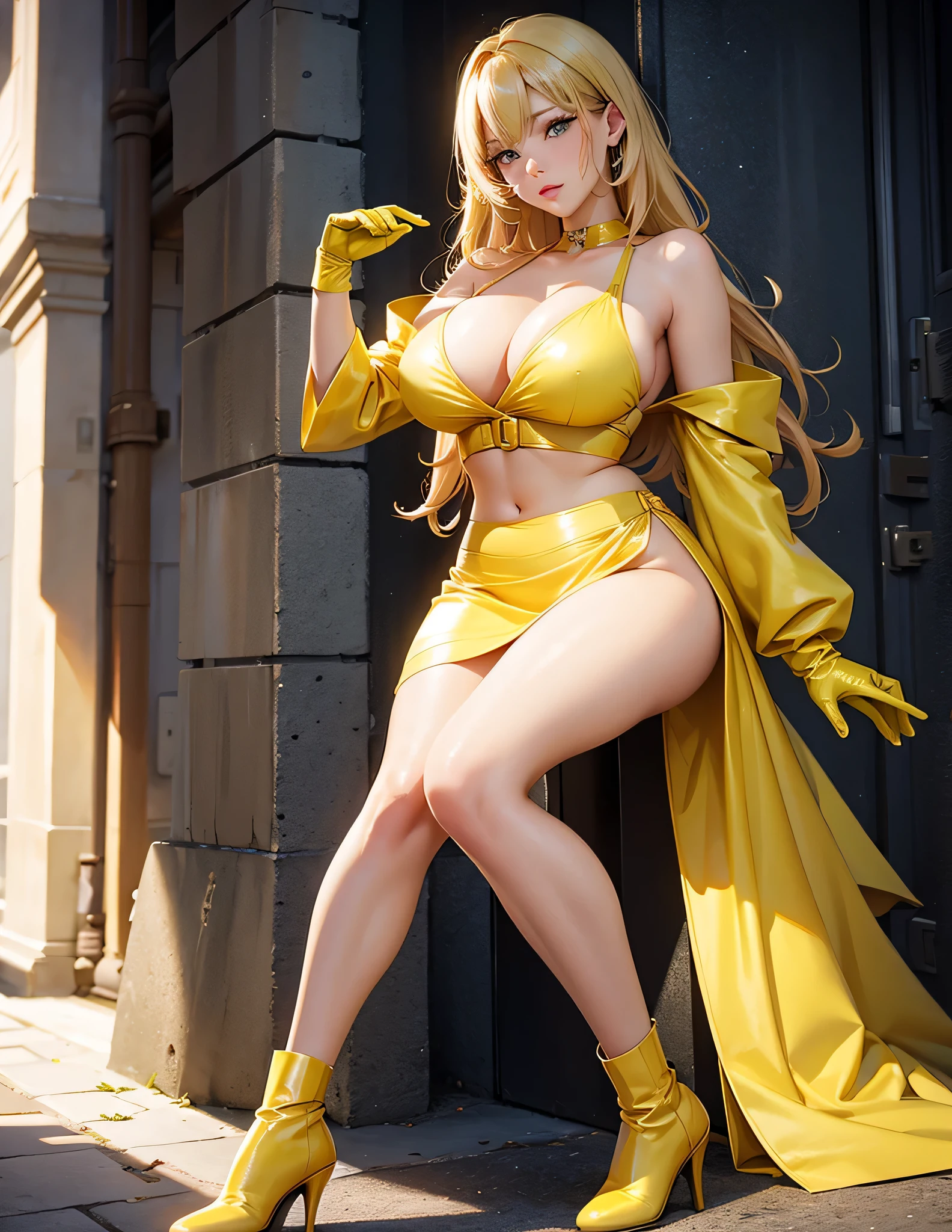 Full body, beautiful yellow eyes, blush, cute face, high quality, 8k, high resolution, (1 cute woman, solo: 1.1), gigantic breasts, lips, beautiful background, long yellow hair , shiny yellow crop top, shiny yellow skirt, shiny yellow gloves, shiny yellow heel boots, naked shoulders