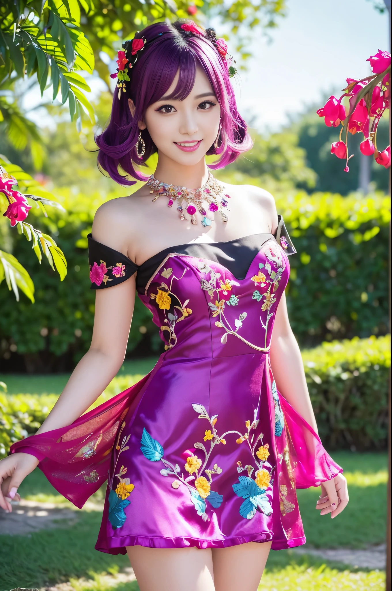 (masterpiece:1.4), (best quality:1.4), ultra high res, ultra high resolution, ((detailed facial features)), HDR, (realistic, photorealistic, photo-realistic:1.37), full body Esbian, sexy Thai model, (-anime), vivid colors, ((vivid colors multicolor (pink, fuchsia, purple) very short hair)), (happy smile), lip-gloss, long lashes, ultra detailed metallic makeup, defined eyebrows, wearing large sparkling colorful jewelery, wearing a red silk Paradise Kiss cosplay dress with black floral embroidery, ((vivid colors outfit)), vivid colors, look at the camera, cinematic light, large park background with trees, sweet and sexy pose