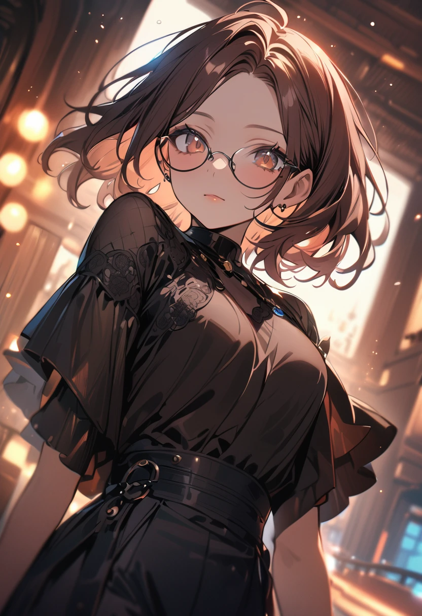 (masterpiece), (high resolution 8K), detailed eyes and face, detailed body, (extremely detailed and beautiful background), (depth of field:1.4), beautiful detailed glow light particles,
BREAK 1 girl, bob, center part, forehead, brown hair, piercing, brown eyes, expressionless,  
BREAK (glasses), cowboy shot, model posing, dutch angle,