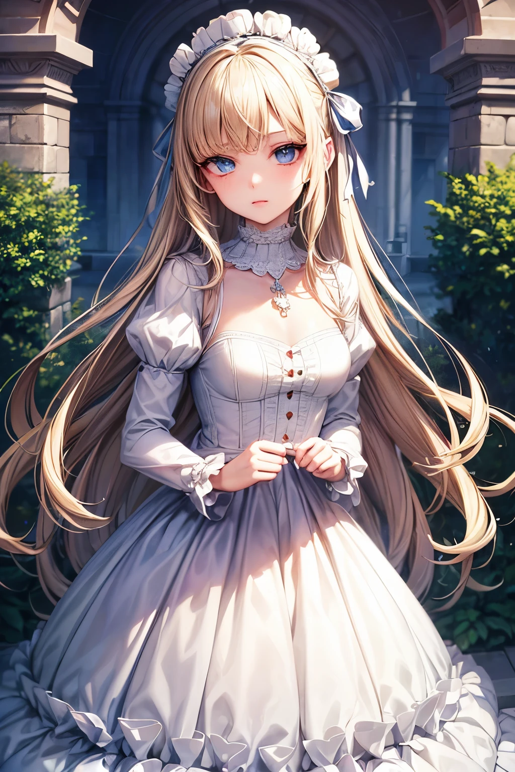 masterpiece,Highest quality,Very detailed,beautiful girl,White Gothic Lolita Dress,necklace, teenager, (full body),Blonde,blue eyes,Perfect Face,Beautiful and detailed eyes,Beautiful Skin,skinny,Dynamic,Outdoor,Beautiful flowering garden