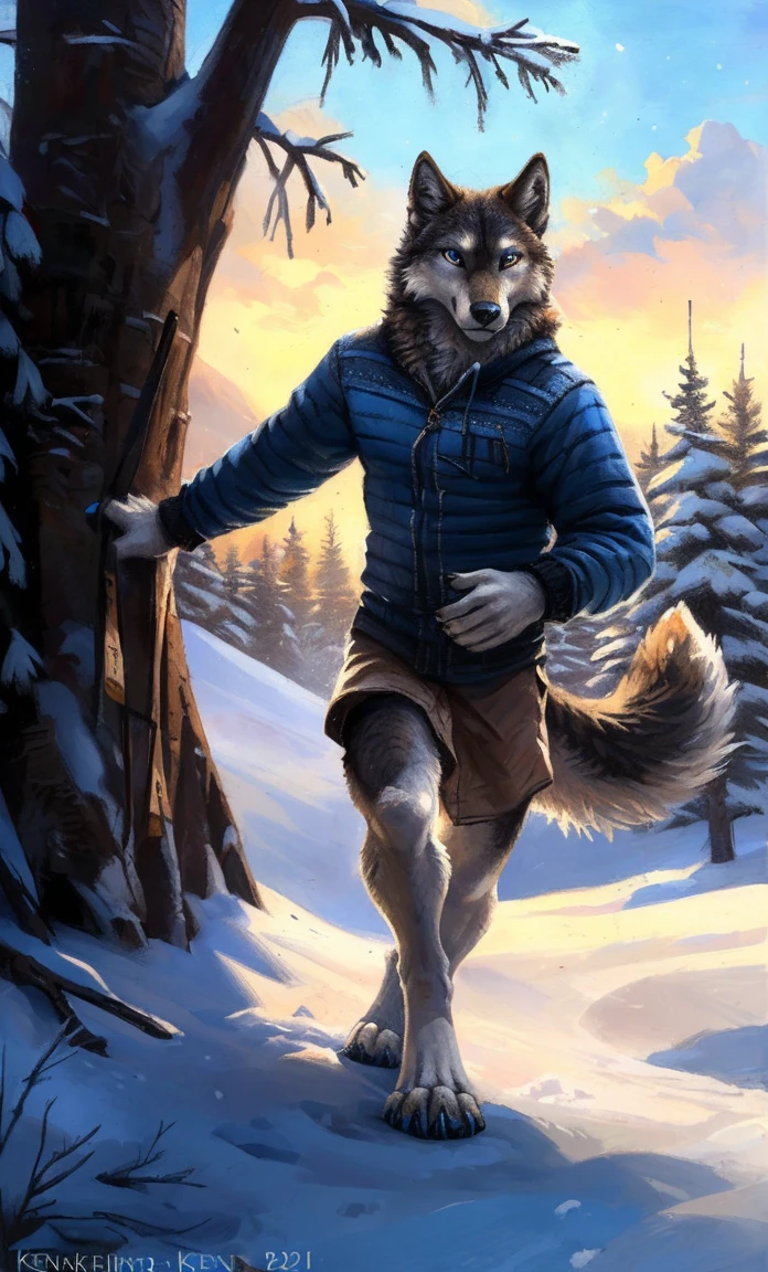((Solo)), male people, anthro wolf, (Multi-colored fur, White-brown:1.3,White tail pointed), (Height 2.1m,Tail length 1.2m), ((Wolf face, Big eyes, White eyelids, Blue pupil, Slim:1.2) (Tough, Calm expression:1.2)), Slim, pinging)), (Correct anatomy), (Winter clothing:1.1), The upper body naked, (detailed outfits),A long big tail,Feet,(Realistic fur, Detailed fur texture, labeled:1.3)), (Natural lighting), Photorealistic, Hyperrealistic, ultradetailed, by Kenket,Snowfield,erect through,Running on