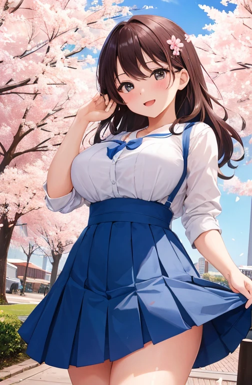 masterpiece, Highest quality, High resolution, Very detailed, Detailed Background, Cinema Lighting, 1 girl, cute, Large Breasts , Skirt Lift, Public indecency, Looking at the audience, building, Outdoor, cherry blossoms, Bokeh,